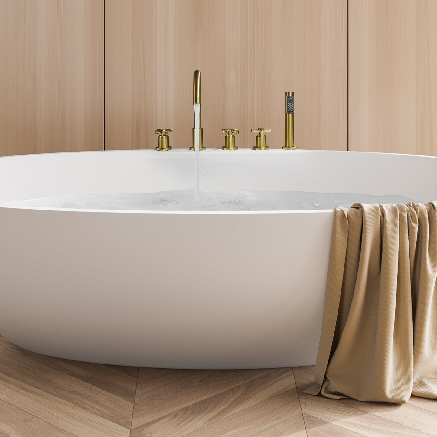 Sorlia Cross Handles Deck-Mount Roman Tub Faucet in Brushed Gold with Handshower
