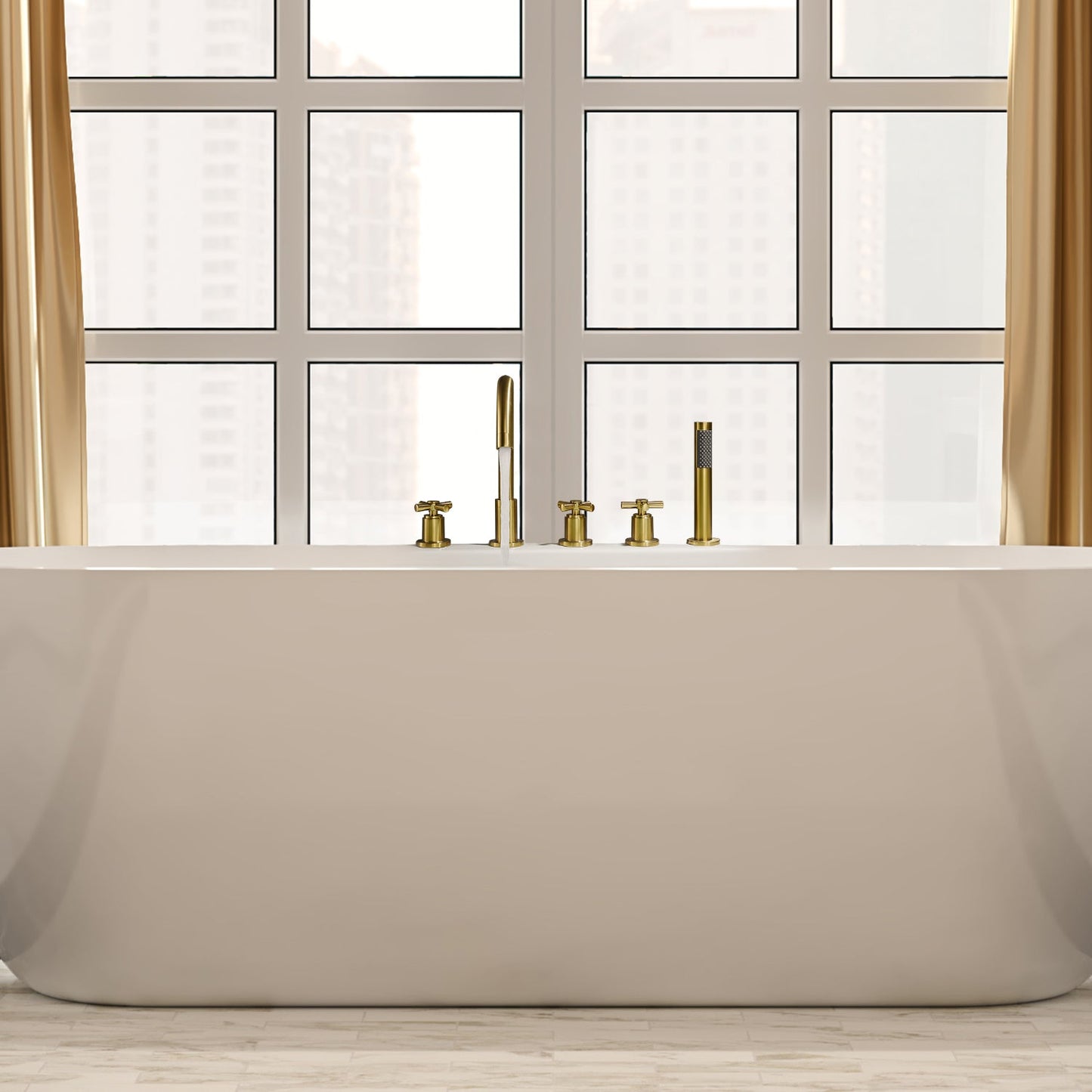 Sorlia Cross Handles Deck-Mount Roman Tub Faucet in Brushed Gold with Handshower