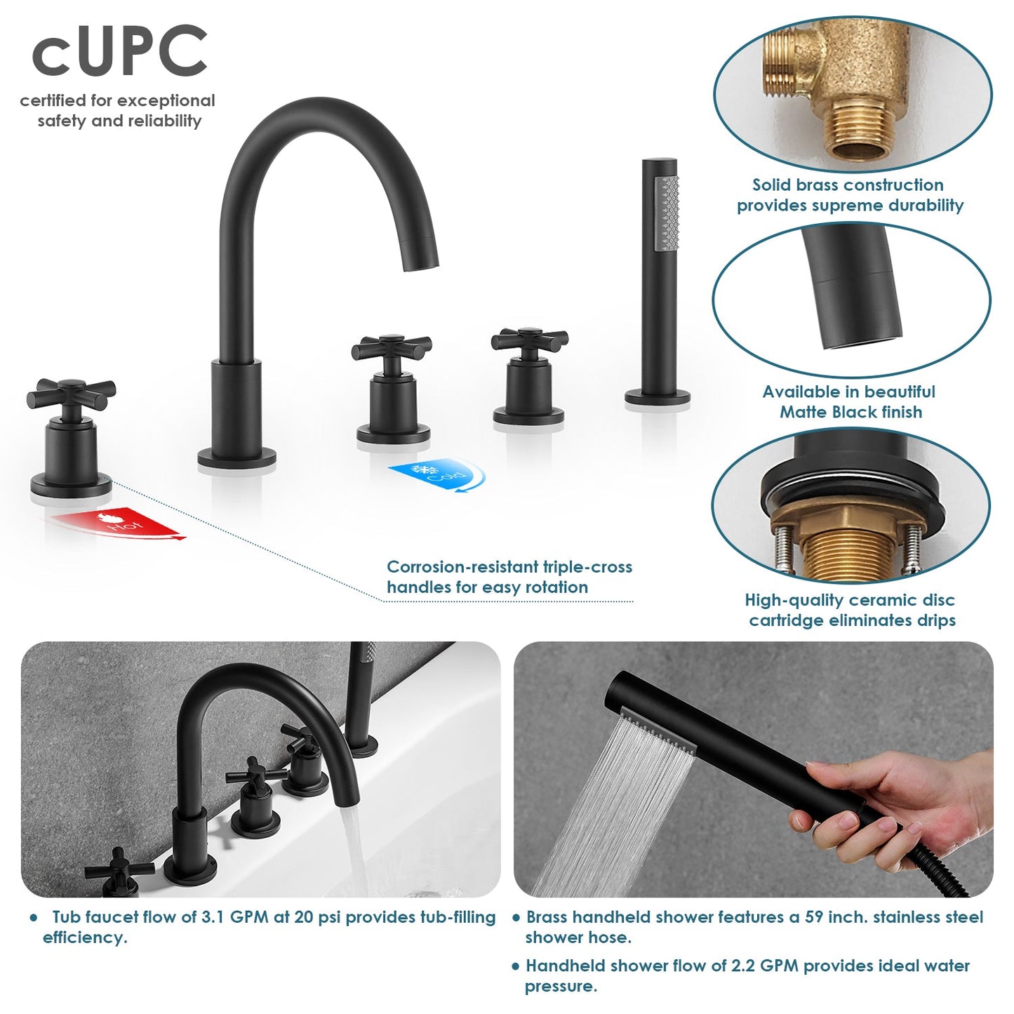 Sorlia Cross Handles Deck-Mount Roman Tub Faucet in Matte Black with Handheld shower