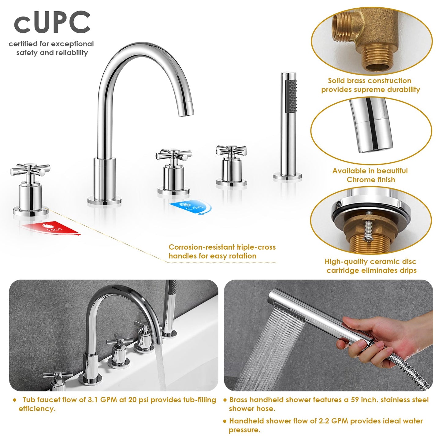 Sorlia Cross Handles Deck-Mount Roman Tub Faucet in Polished Chrome with Handshower