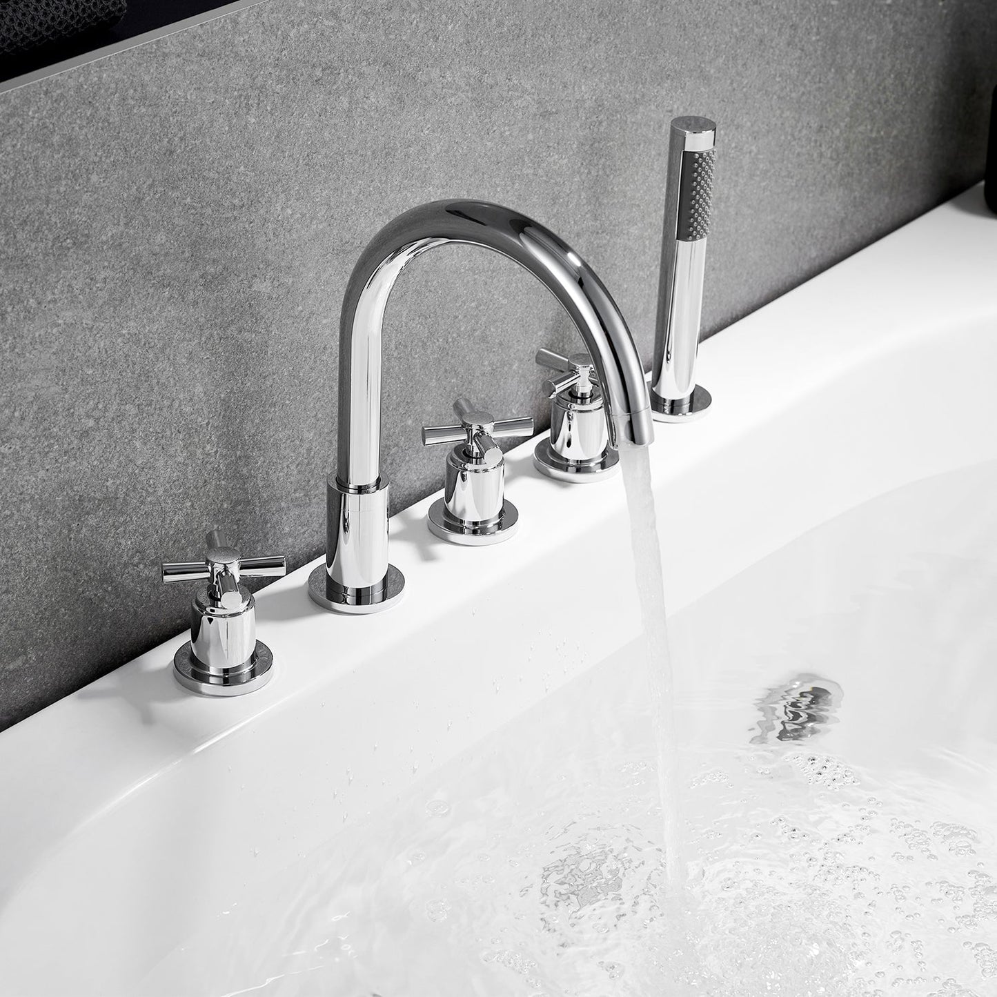 Sorlia Cross Handles Deck-Mount Roman Tub Faucet in Polished Chrome with Handshower