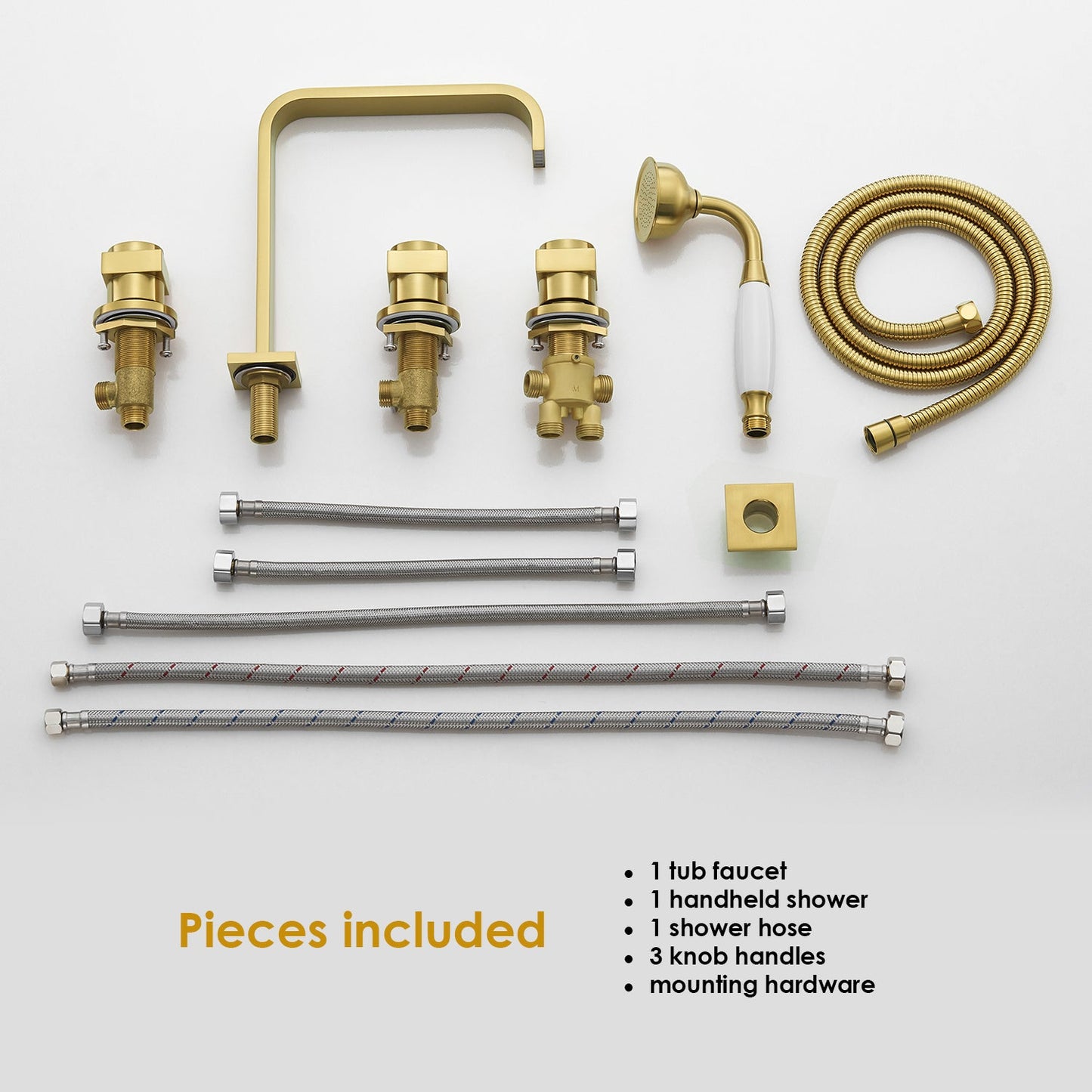 Vikran Triple Handle Deck-Mount Roman Tub Faucet Trim in Brushed Gold with Handshower
