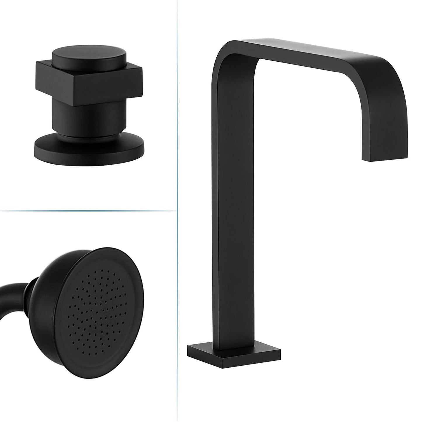 Vikran Triple Handle Deck-Mount Roman Tub Faucet Trim in Matte Black with Handshower