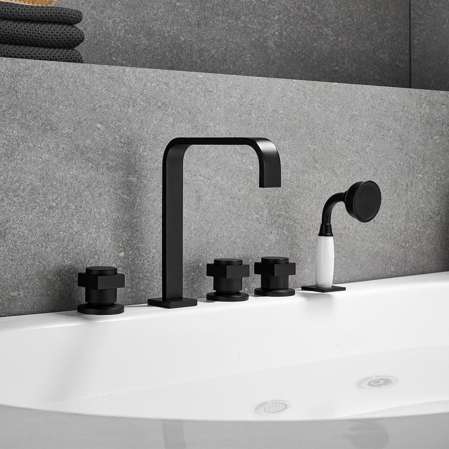 Vikran Triple Handle Deck-Mount Roman Tub Faucet Trim in Matte Black with Handshower