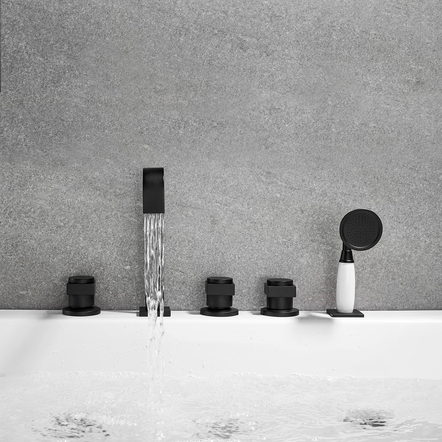 Vikran Triple Handle Deck-Mount Roman Tub Faucet Trim in Matte Black with Handshower