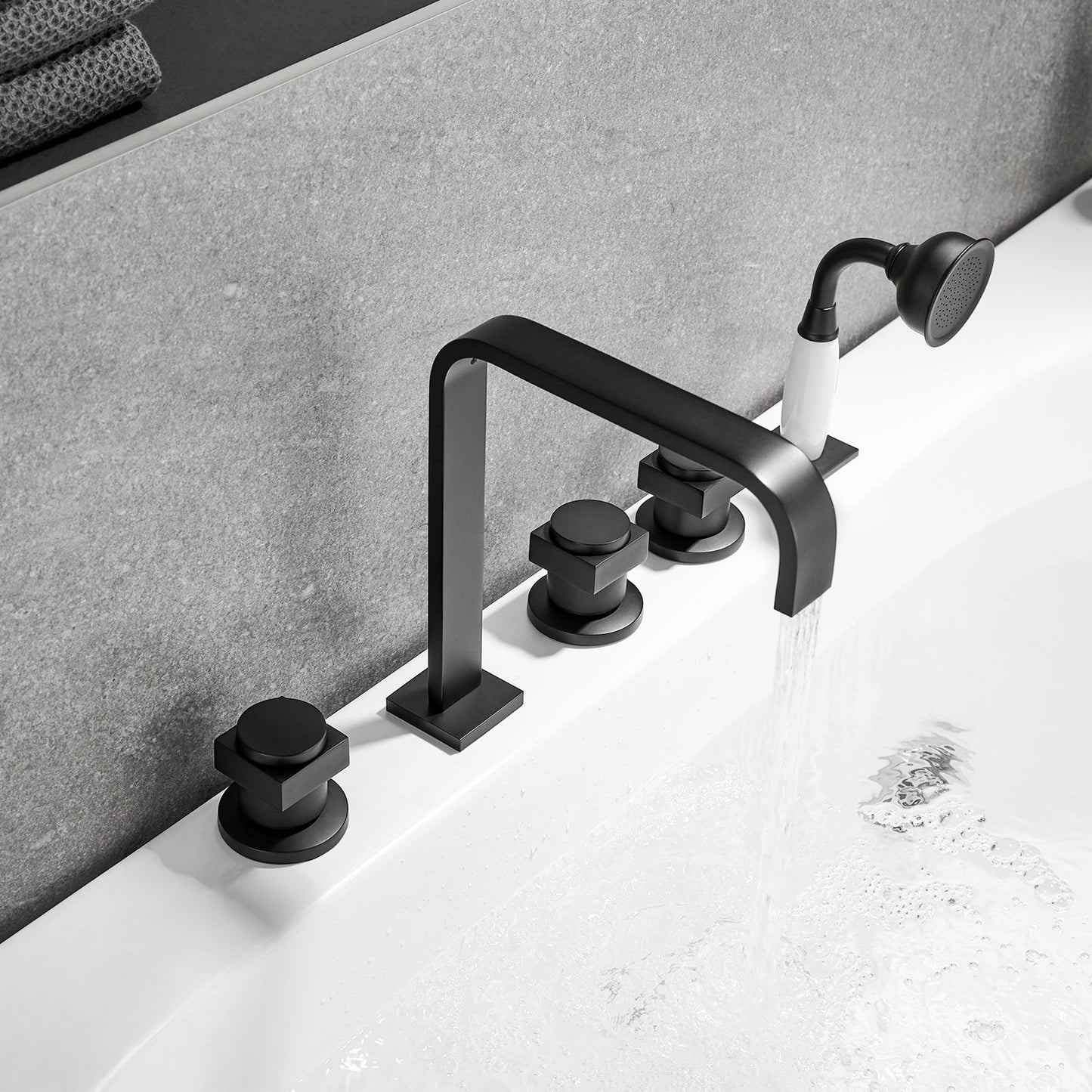 Vikran Triple Handle Deck-Mount Roman Tub Faucet Trim in Matte Black with Handshower