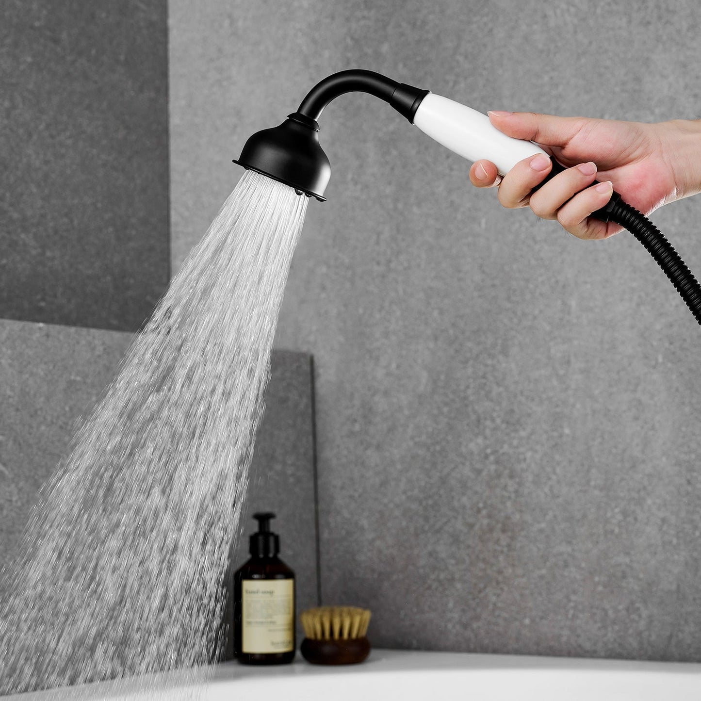 Vikran Triple Handle Deck-Mount Roman Tub Faucet Trim in Matte Black with Handshower