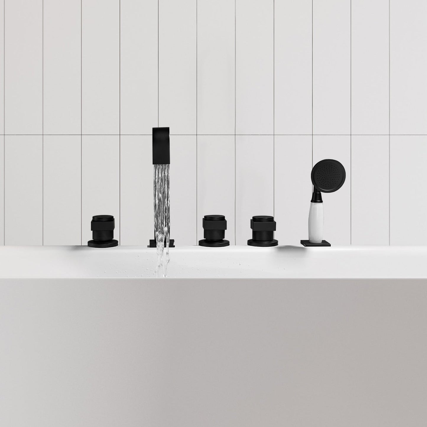 Vikran Triple Handle Deck-Mount Roman Tub Faucet Trim in Matte Black with Handshower
