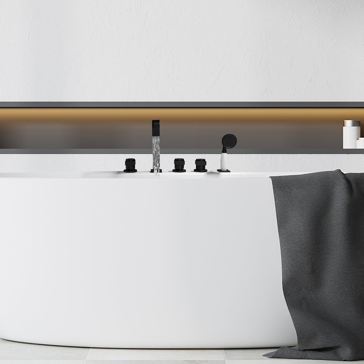 Vikran Triple Handle Deck-Mount Roman Tub Faucet Trim in Matte Black with Handshower