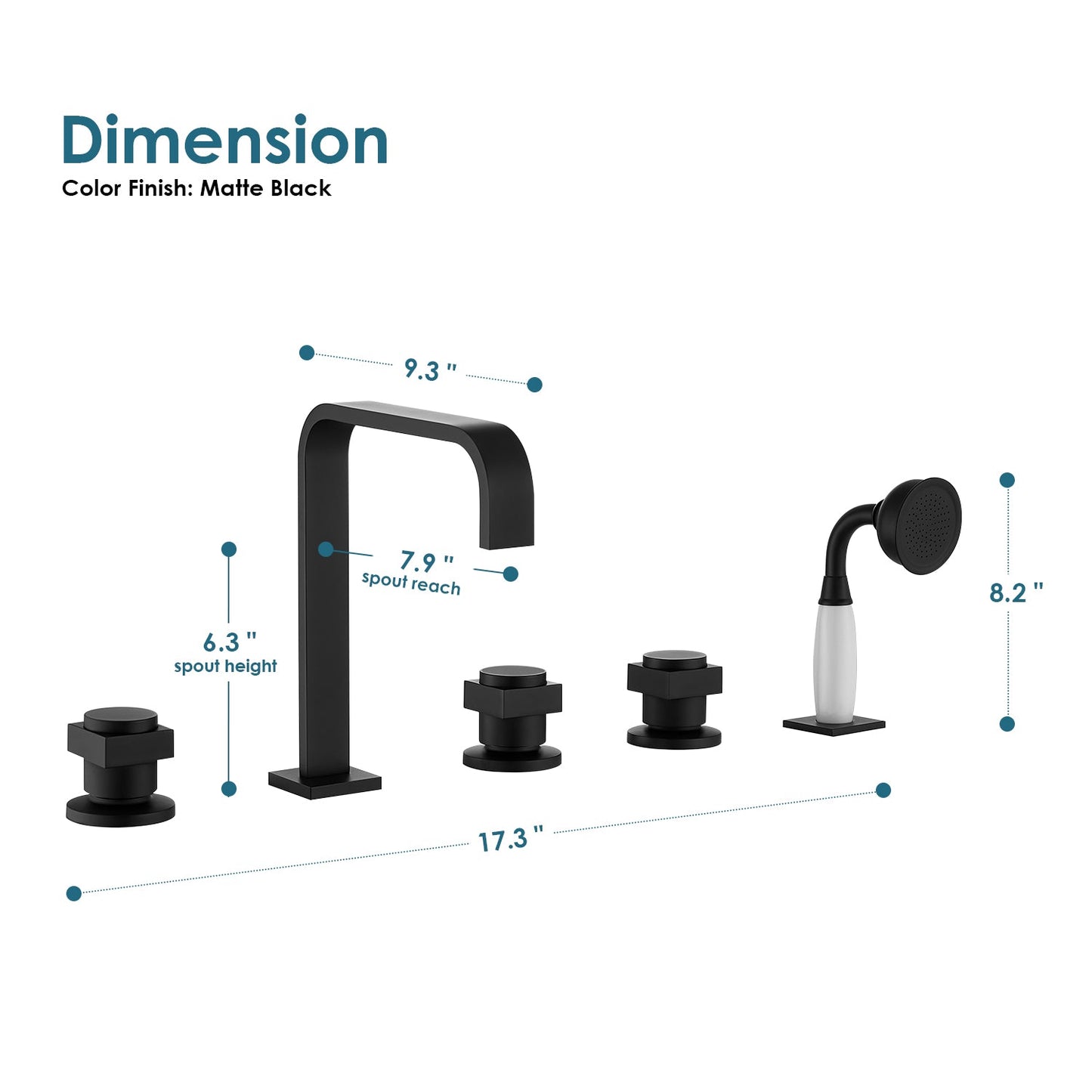Vikran Triple Handle Deck-Mount Roman Tub Faucet Trim in Matte Black with Handshower