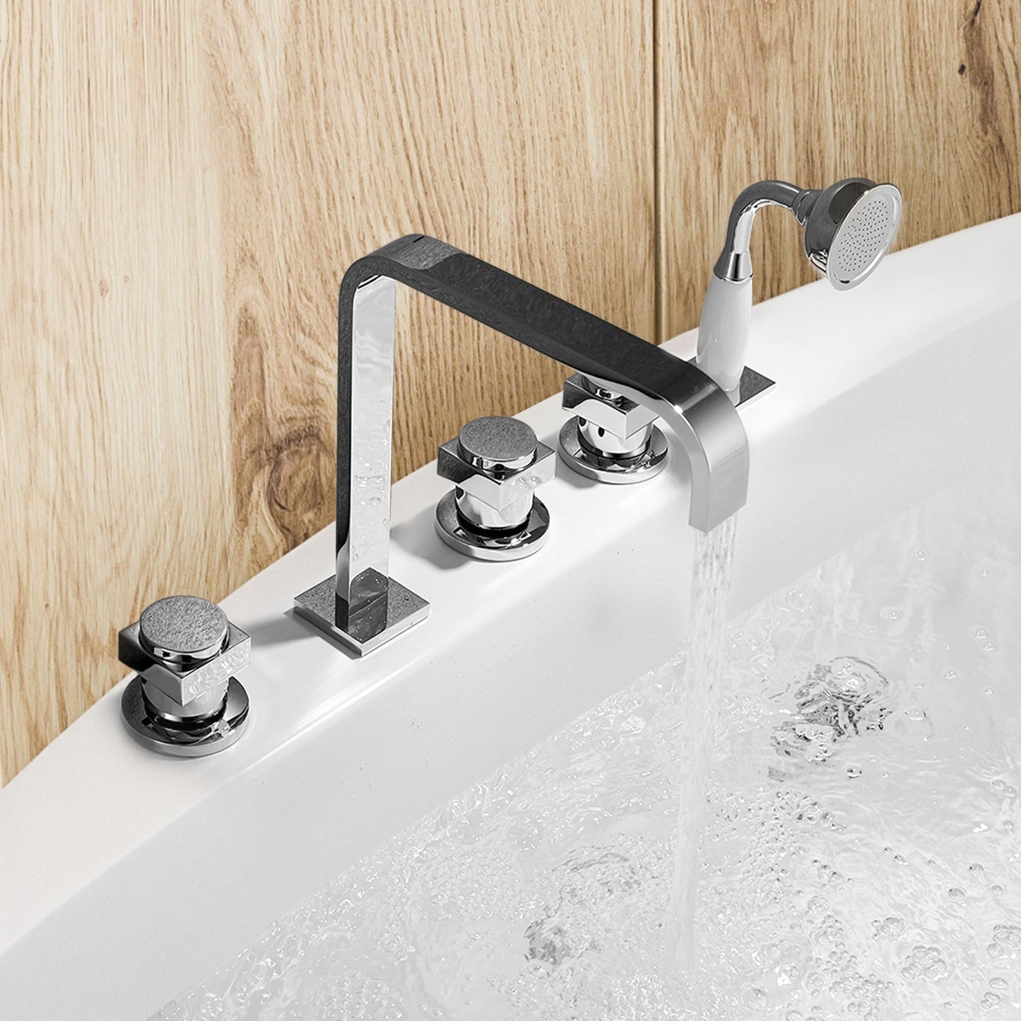 Vikran Triple Handle Deck-Mount Roman Tub Faucet Trim in Polished Chrome with Handshower
