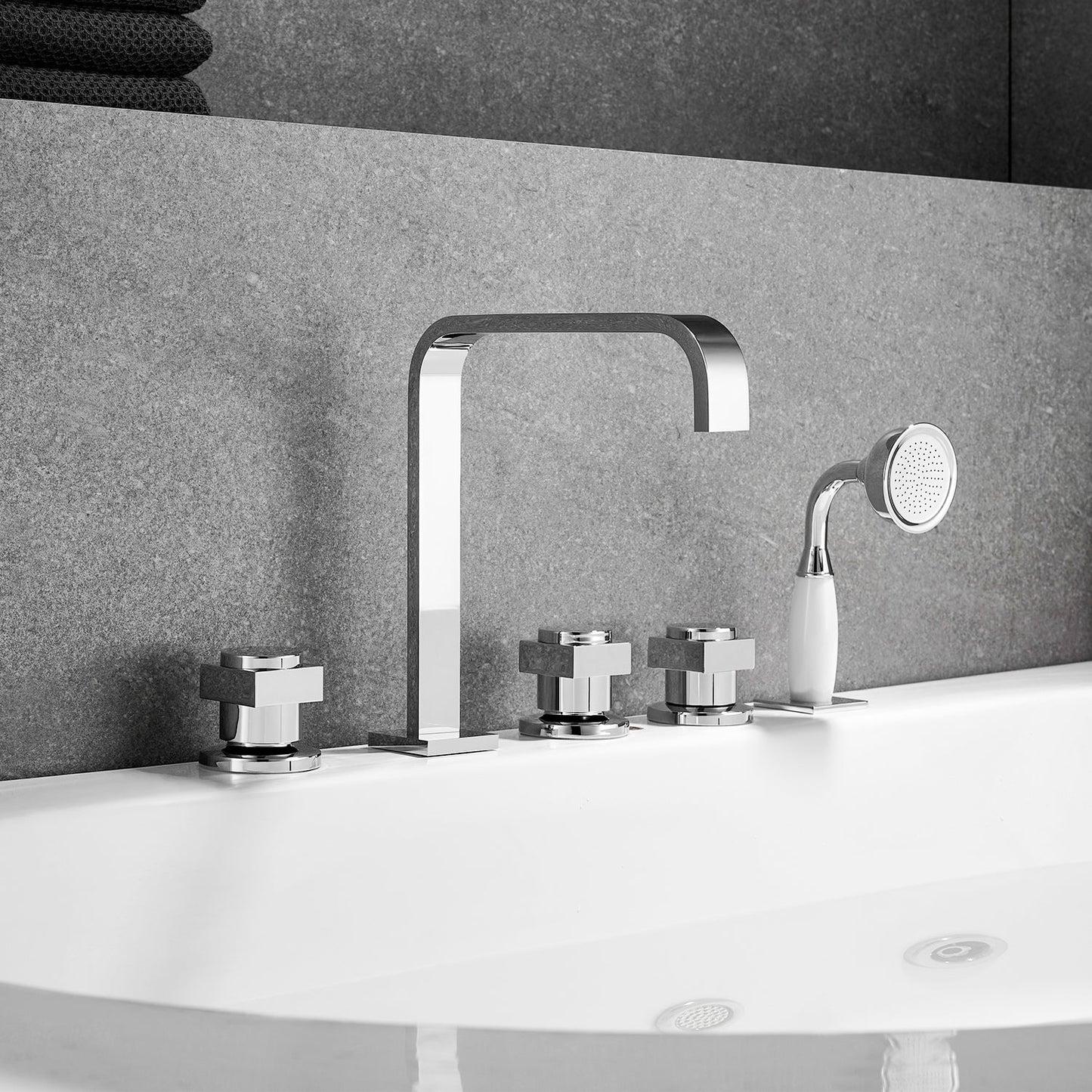 Vikran Triple Handle Deck-Mount Roman Tub Faucet Trim in Polished Chrome with Handshower