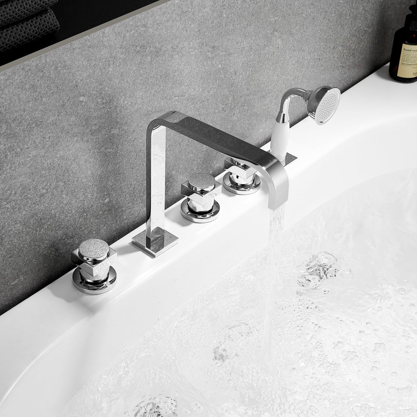 Vikran Triple Handle Deck-Mount Roman Tub Faucet Trim in Polished Chrome with Handshower