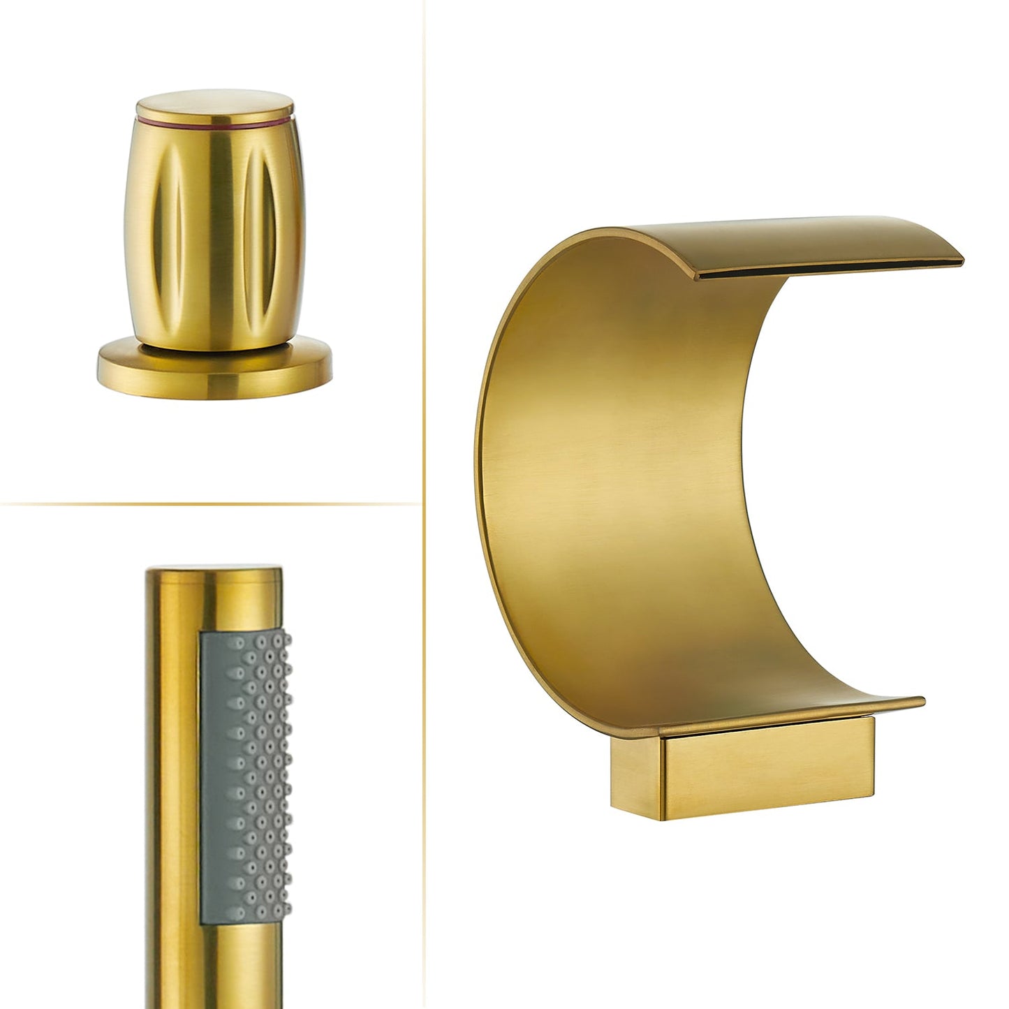 Recea Triple Handle Deck-Mount Roman Tub Faucet in Brushed Gold with Diverter and Handshower