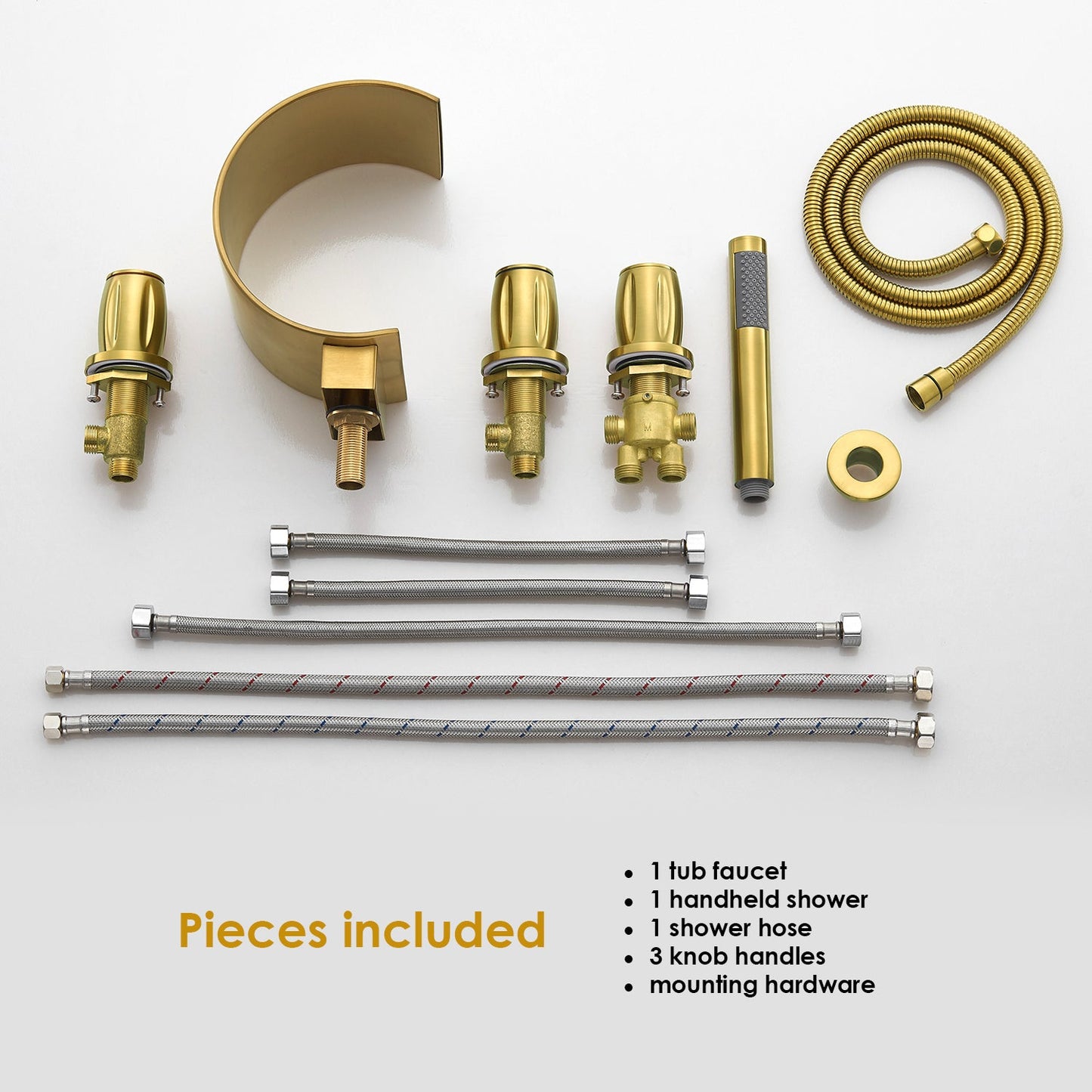 Recea Triple Handle Deck-Mount Roman Tub Faucet in Brushed Gold with Diverter and Handshower