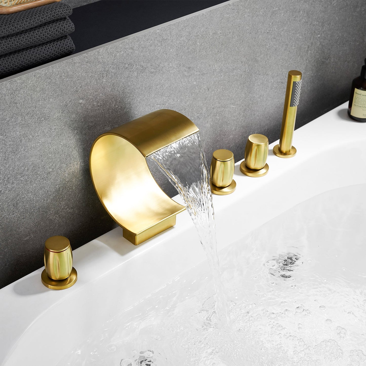 Recea Triple Handle Deck-Mount Roman Tub Faucet in Brushed Gold with Diverter and Handshower