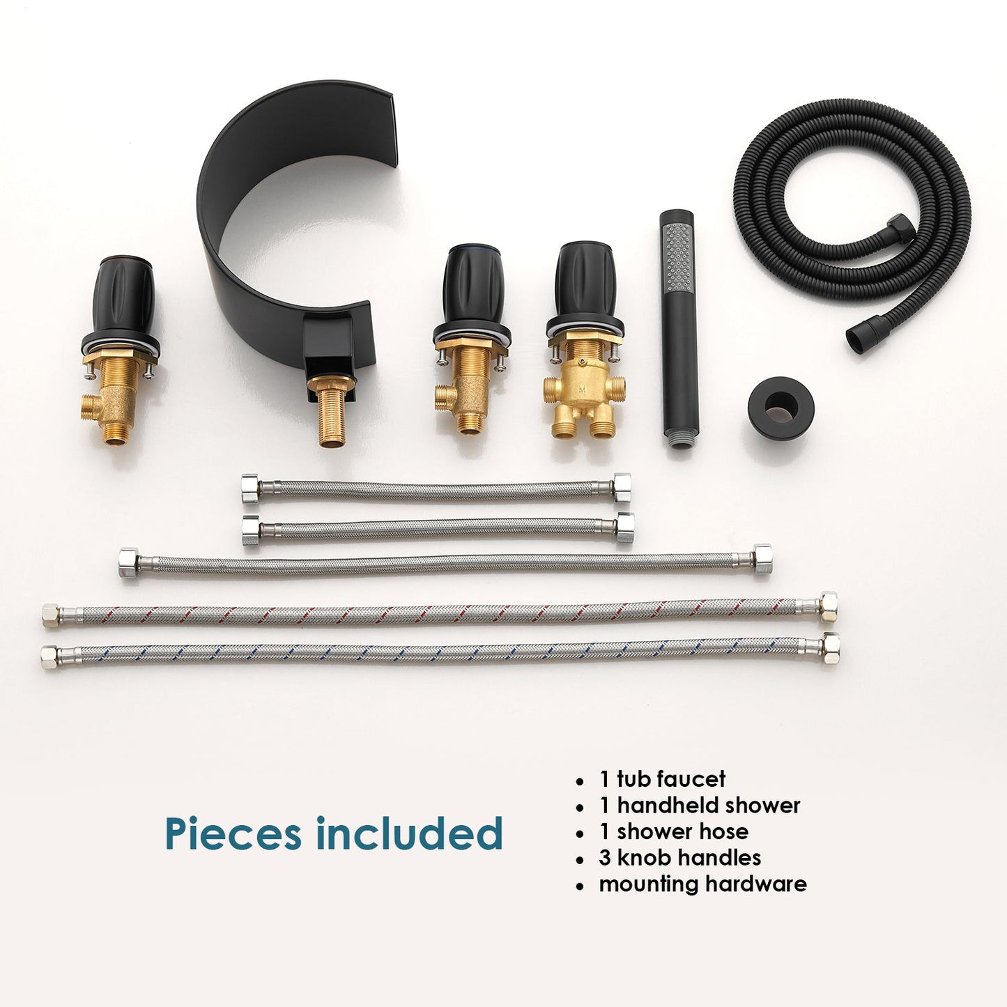 Recea Triple Handle Deck-Mount Roman Tub Faucet in Matte Black with Diverter and Handshower