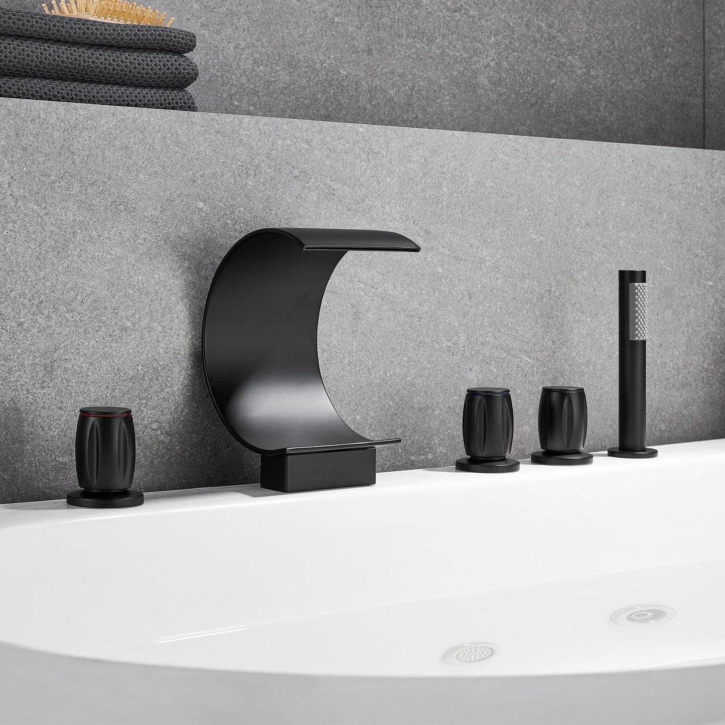 Recea Triple Handle Deck-Mount Roman Tub Faucet in Matte Black with Diverter and Handshower