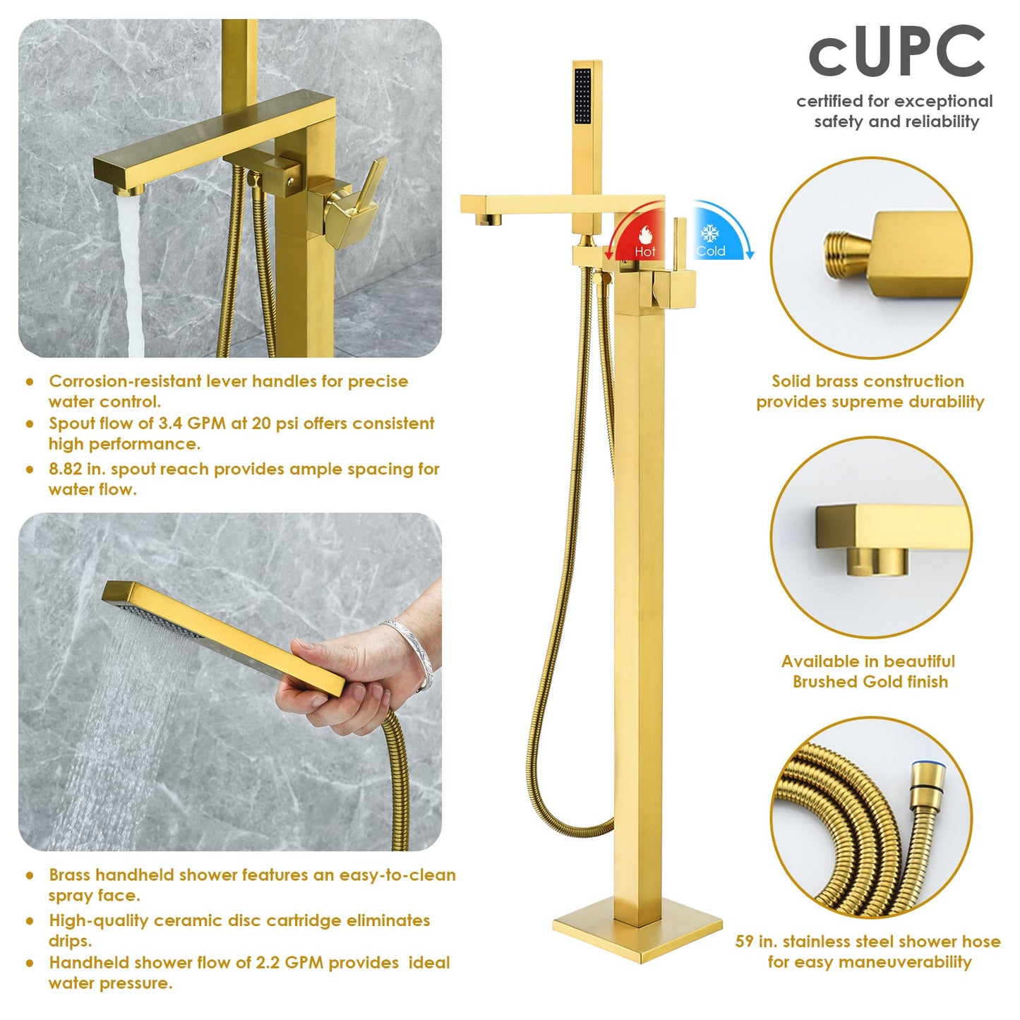 Campia Single Lever Handle Freestanding Floor Mounted Tub Filler with Handshower in Brushed Gold