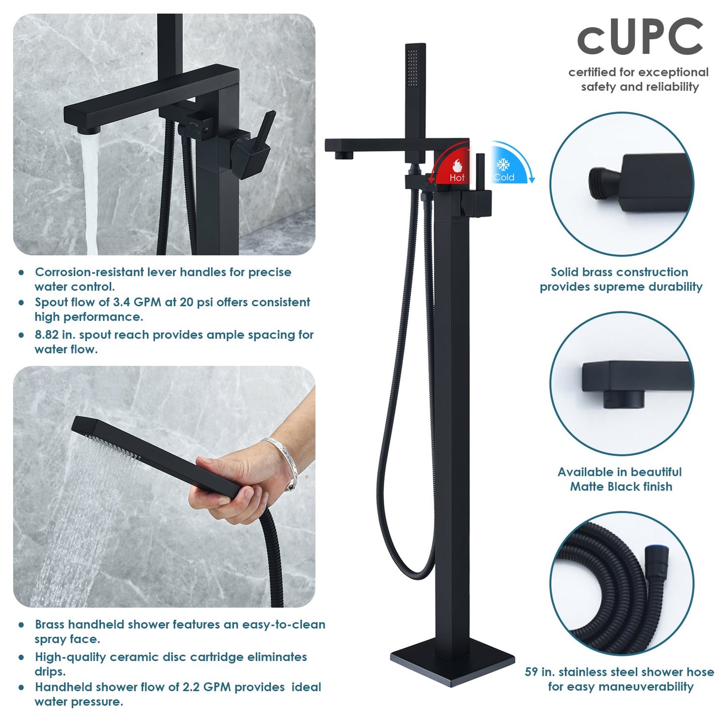 Campia Single Lever Handle Freestanding Floor Mounted Tub Filler with Handshower in Matte Black