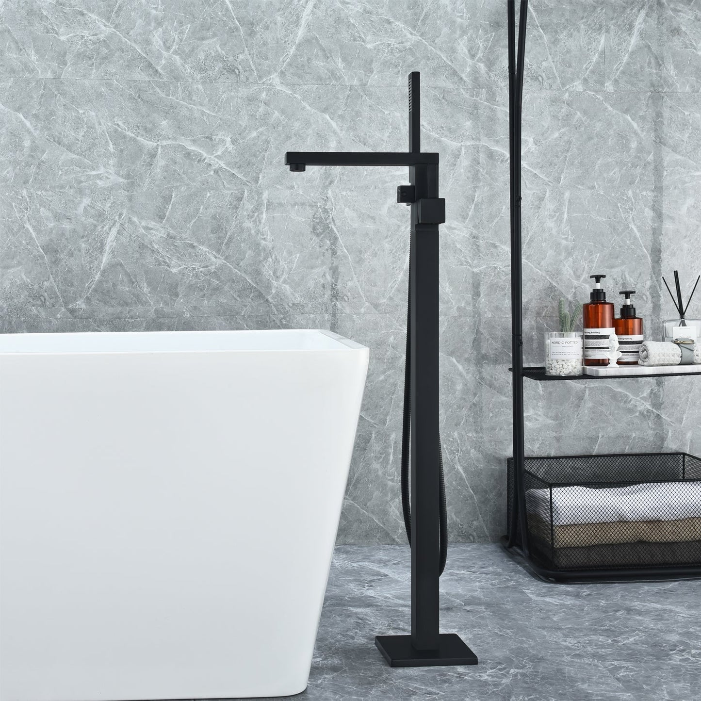 Campia Single Lever Handle Freestanding Floor Mounted Tub Filler with Handshower in Matte Black