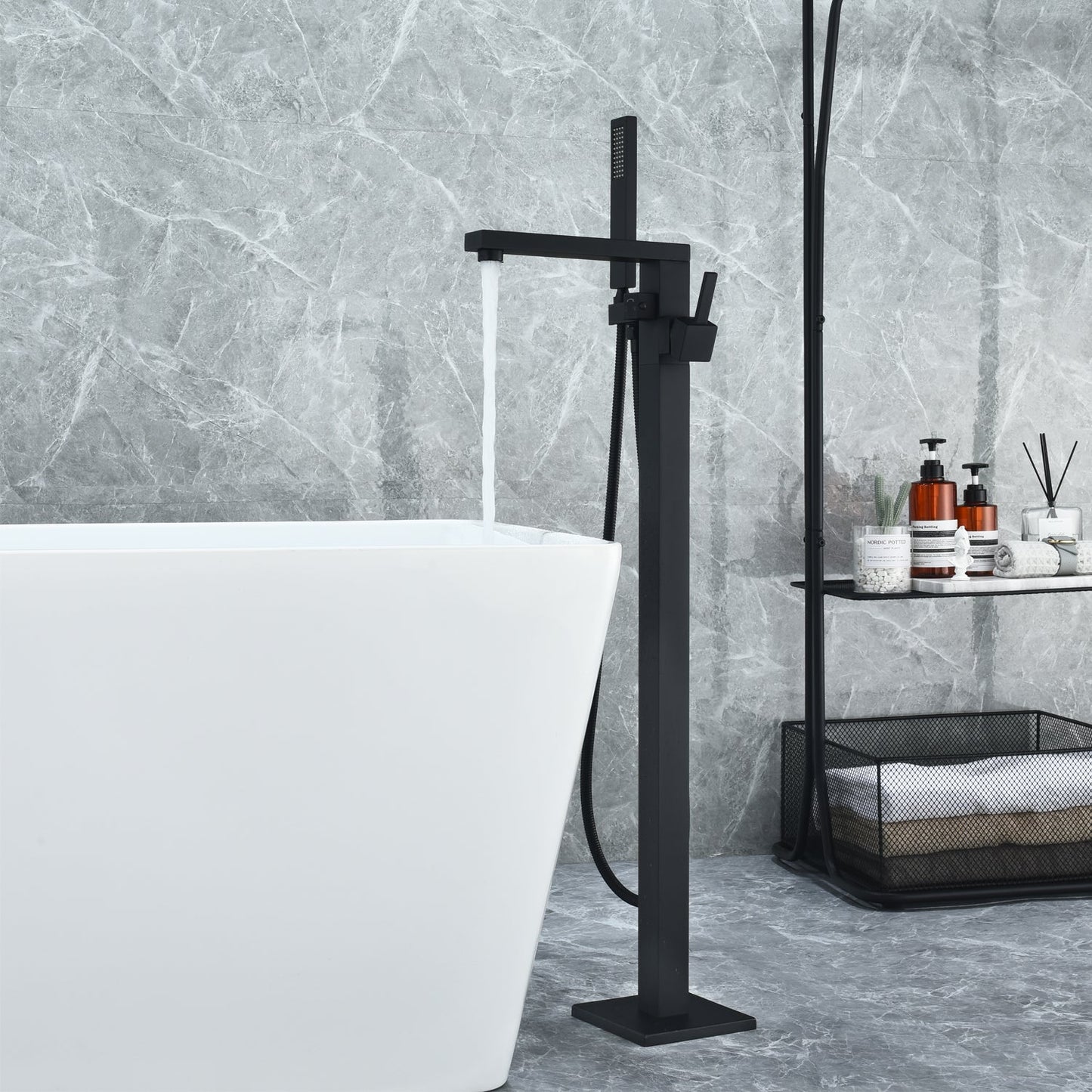 Campia Single Lever Handle Freestanding Floor Mounted Tub Filler with Handshower in Matte Black