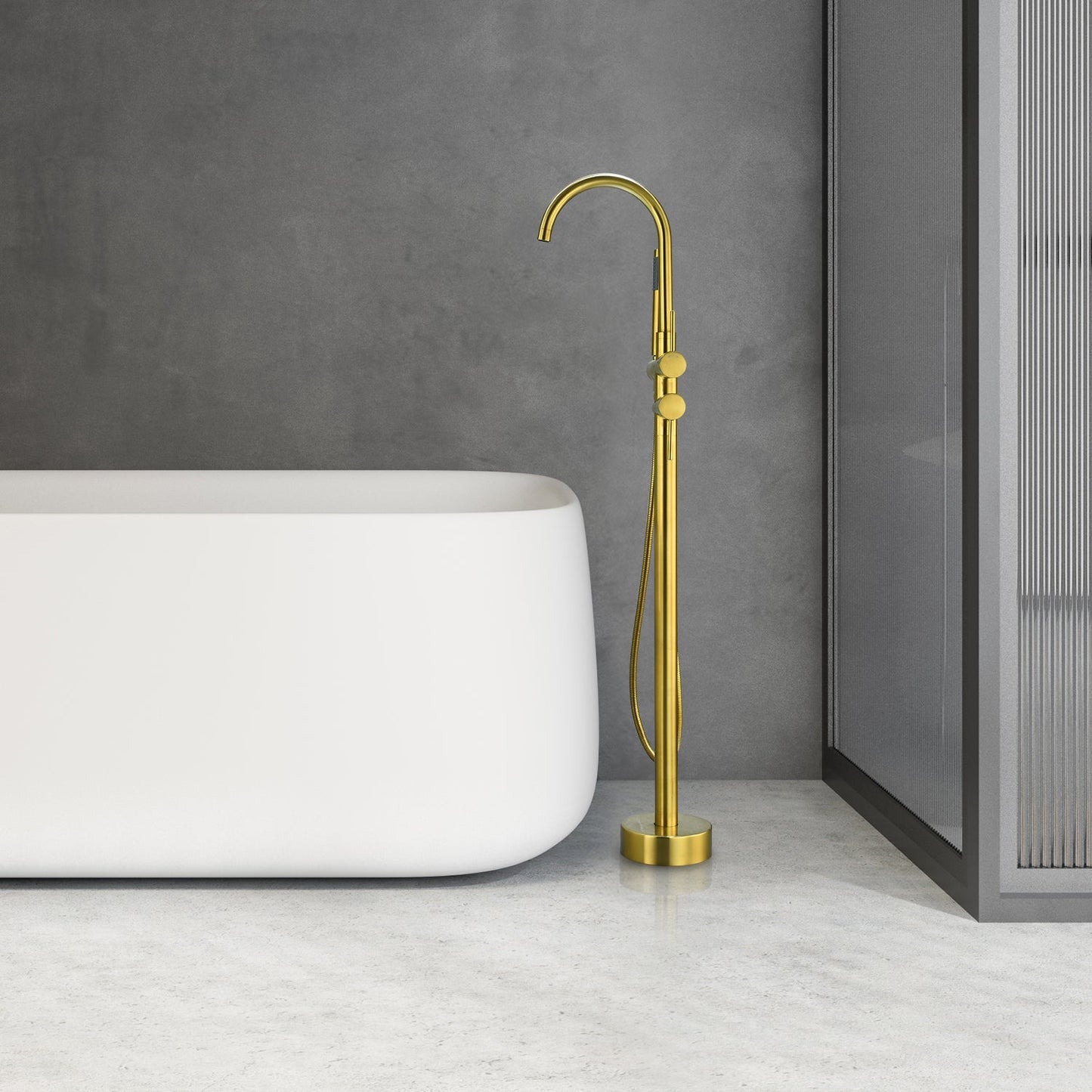 Assens Double Lever Handle Freestanding Floor Mounted Tub Filler with Handshower in Brushed Gold