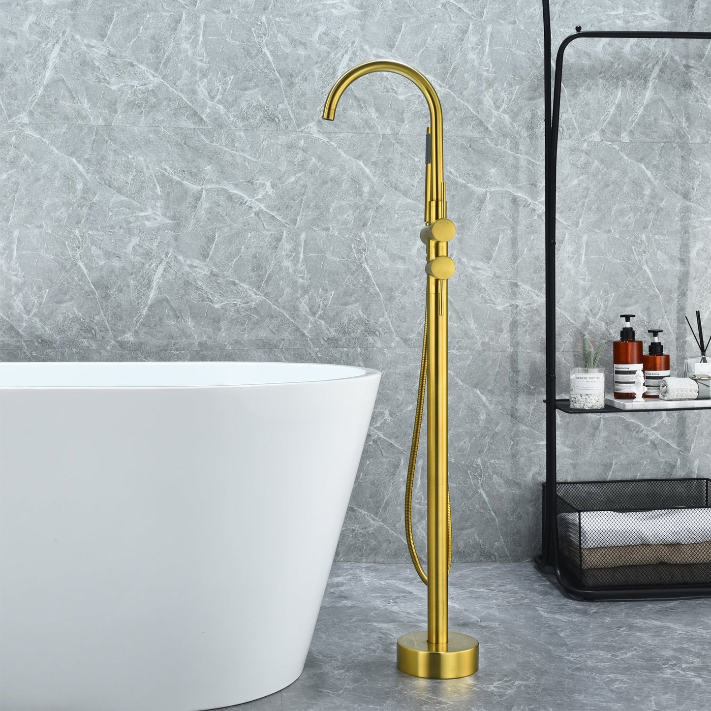 Assens Double Lever Handle Freestanding Floor Mounted Tub Filler with Handshower in Brushed Gold