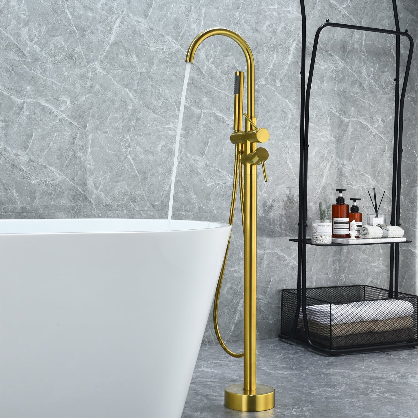 Assens Double Lever Handle Freestanding Floor Mounted Tub Filler with Handshower in Brushed Gold