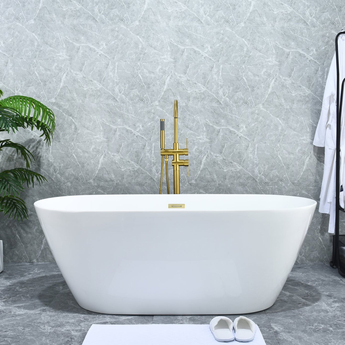 Assens Double Lever Handle Freestanding Floor Mounted Tub Filler with Handshower in Brushed Gold