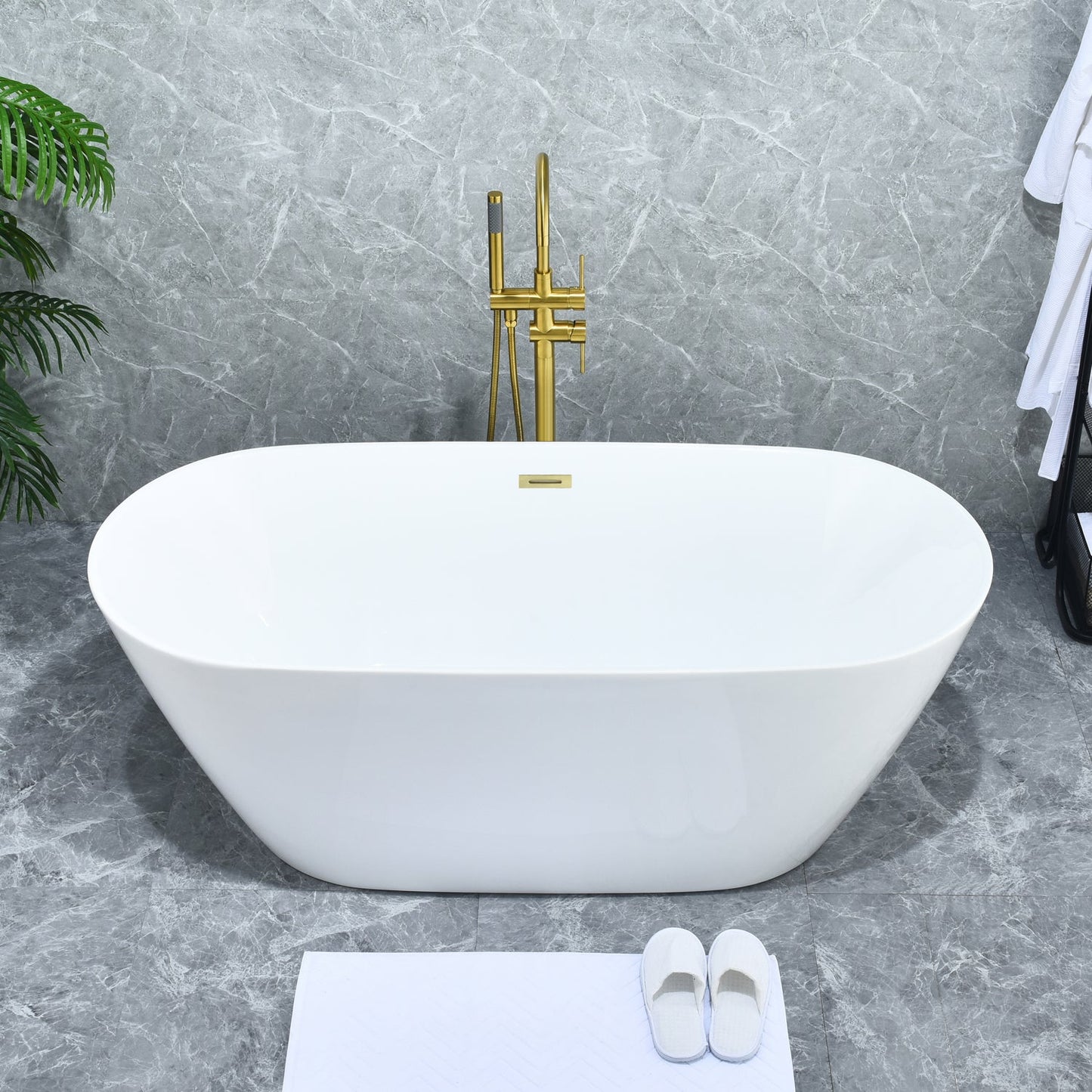 Assens Double Lever Handle Freestanding Floor Mounted Tub Filler with Handshower in Brushed Gold