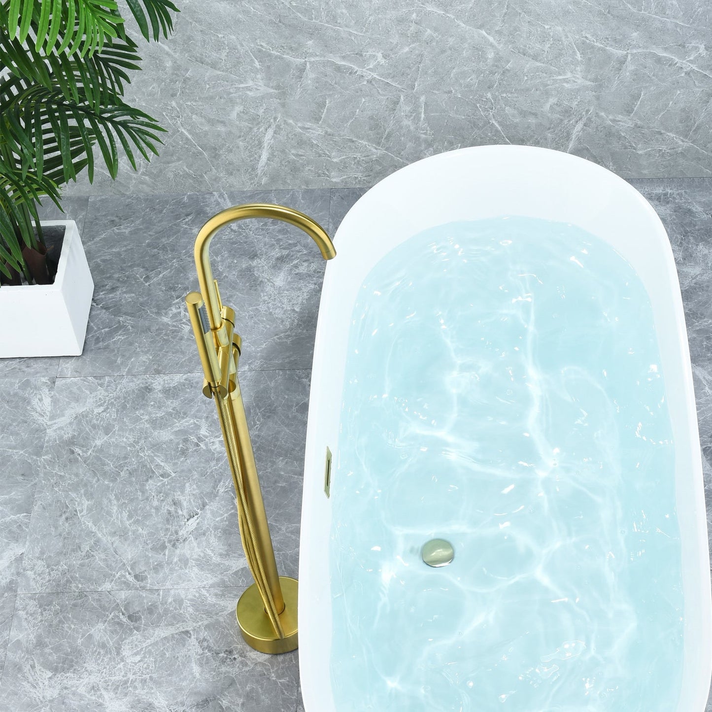 Assens Double Lever Handle Freestanding Floor Mounted Tub Filler with Handshower in Brushed Gold