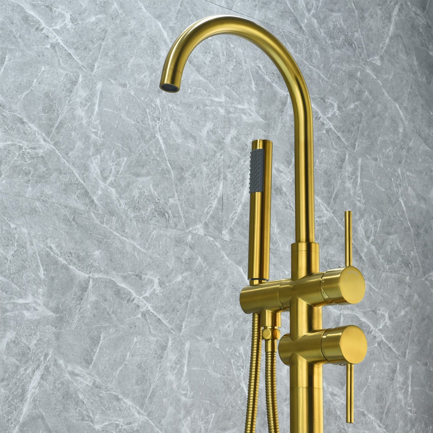 Assens Double Lever Handle Freestanding Floor Mounted Tub Filler with Handshower in Brushed Gold