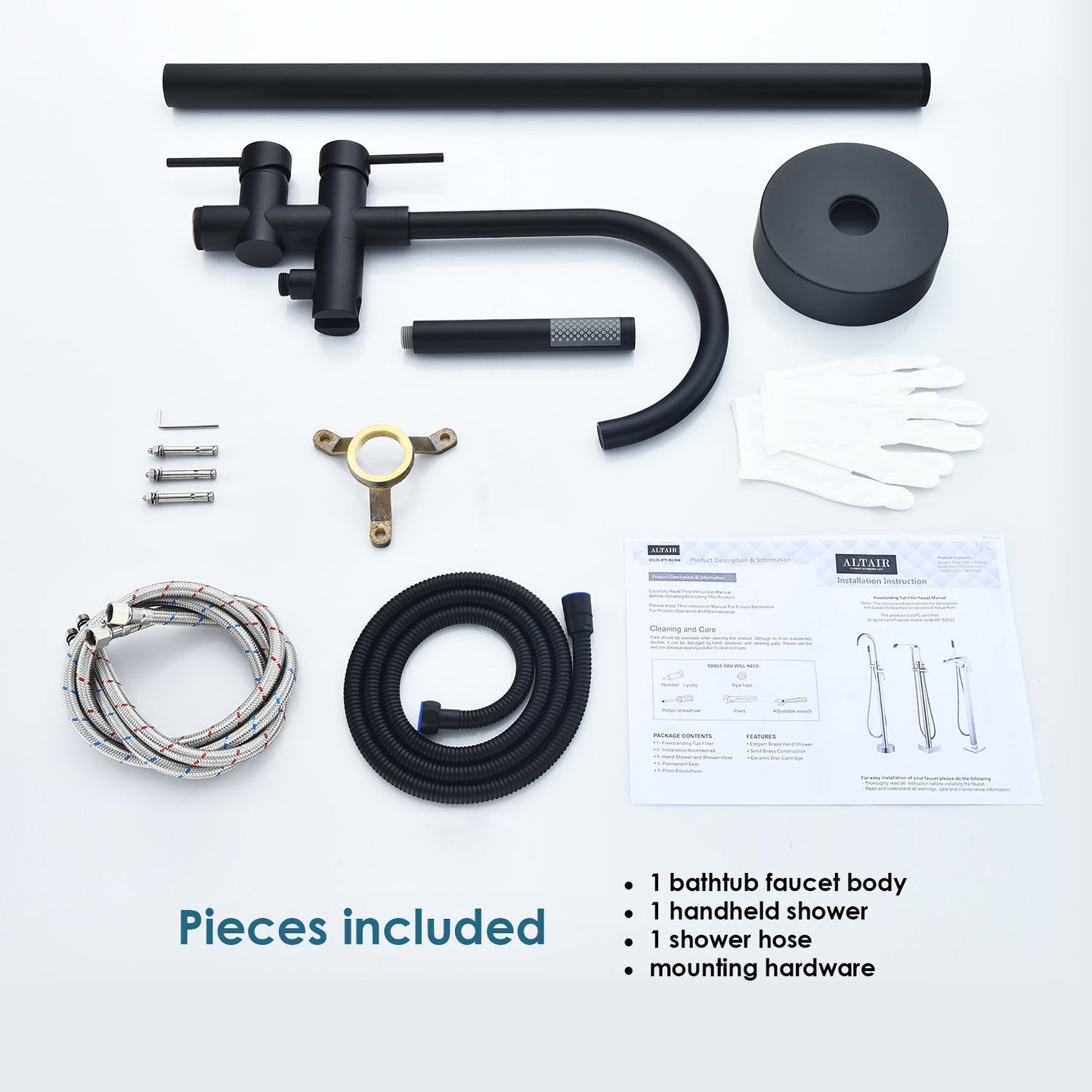 Assens Double Lever Handle Freestanding Floor Mounted Tub Filler with Handshower in Matte Black