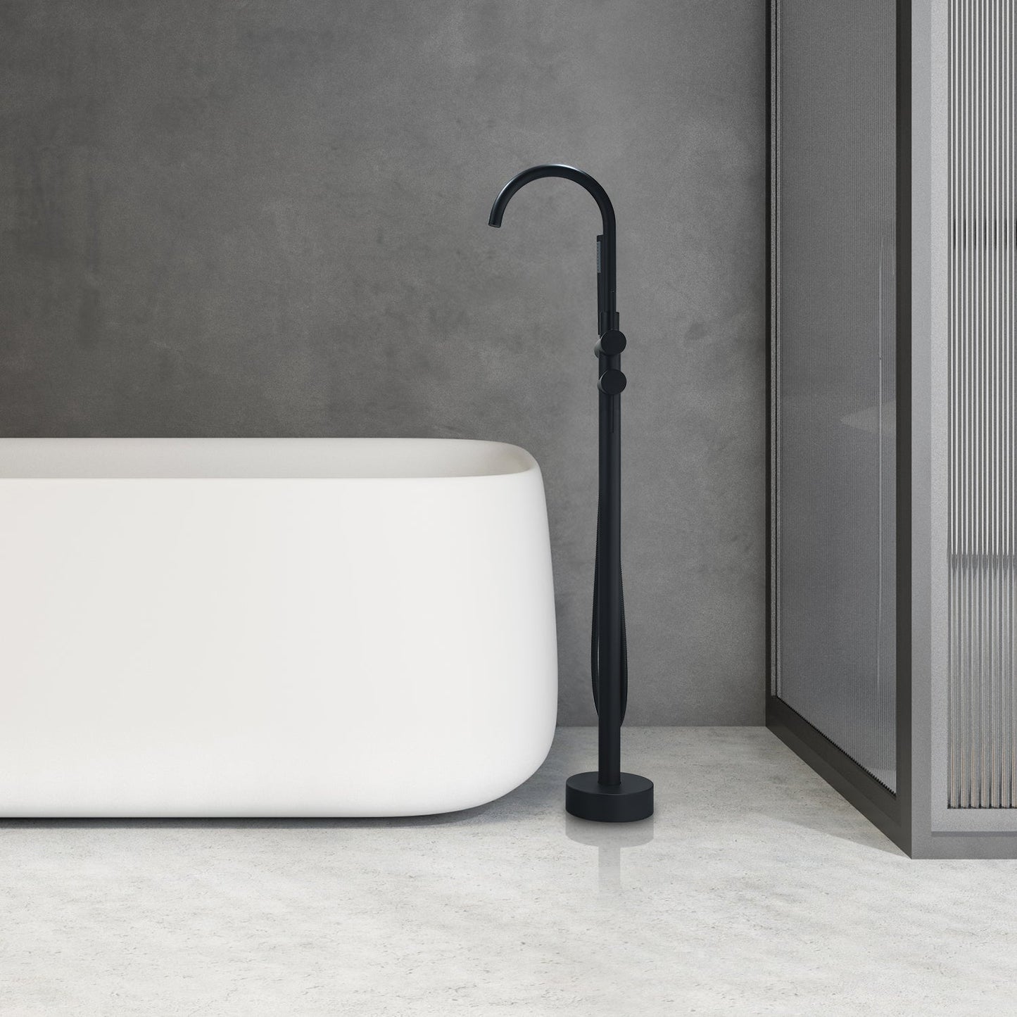 Assens Double Lever Handle Freestanding Floor Mounted Tub Filler with Handshower in Matte Black