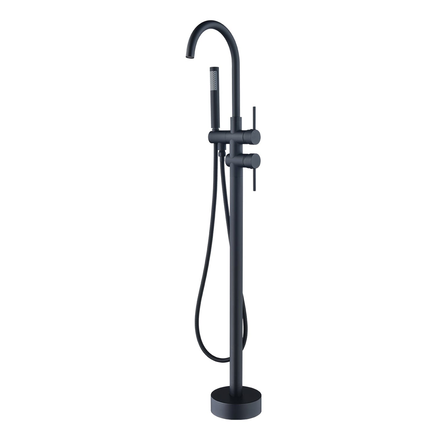 Assens Double Lever Handle Freestanding Floor Mounted Tub Filler with Handshower in Matte Black