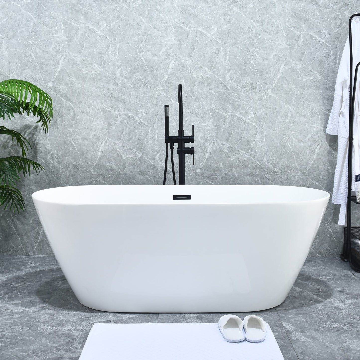 Assens Double Lever Handle Freestanding Floor Mounted Tub Filler with Handshower in Matte Black