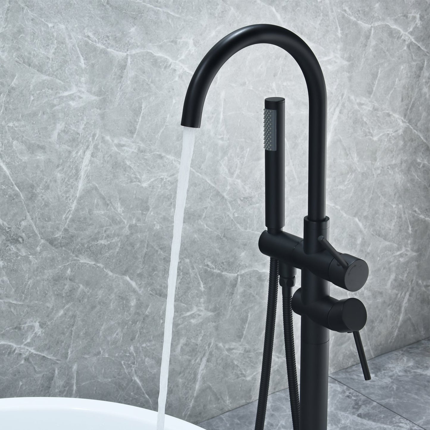 Assens Double Lever Handle Freestanding Floor Mounted Tub Filler with Handshower in Matte Black