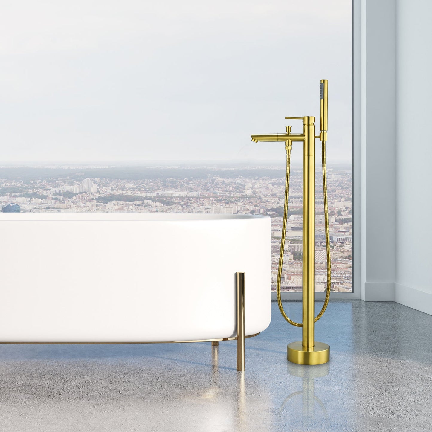 Larod Single Lever Handle Freestanding Floor Mounted Tub Filler with Handshower in Brushed Gold