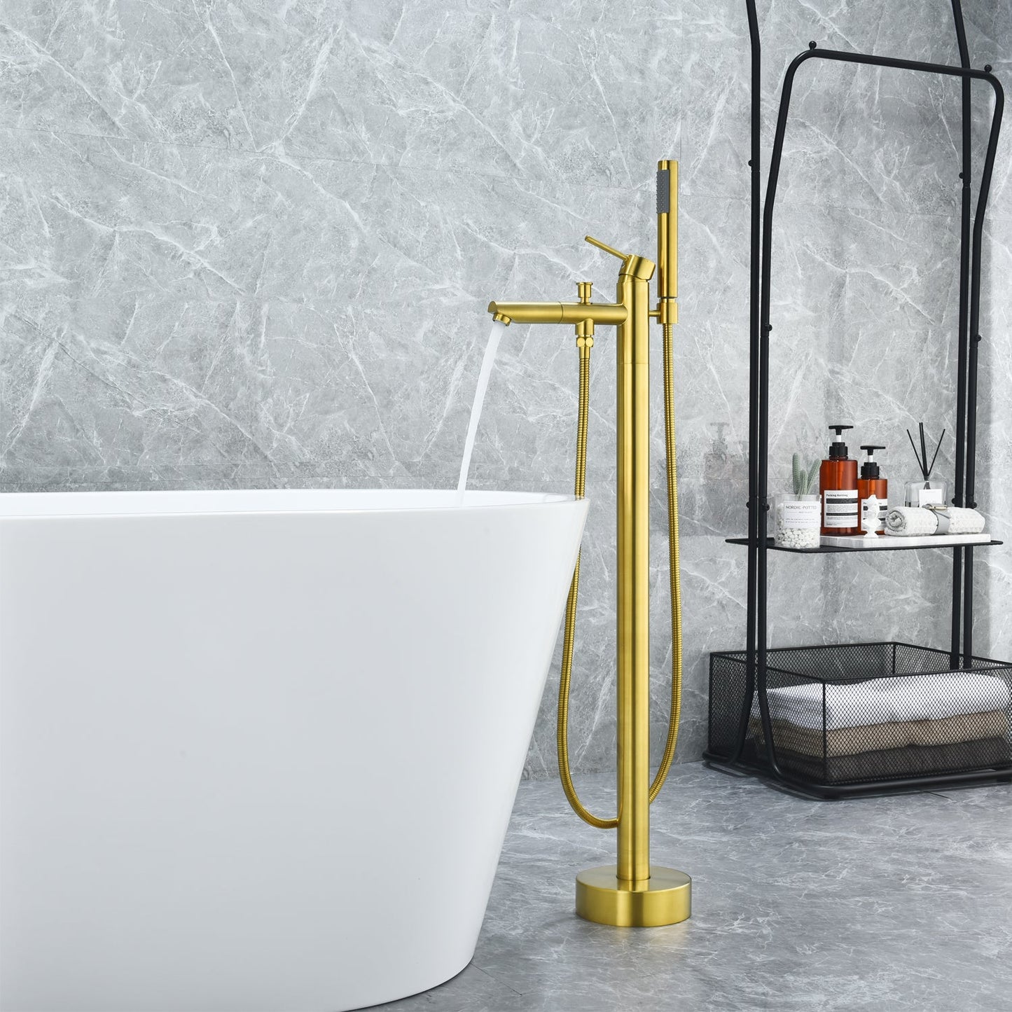 Larod Single Lever Handle Freestanding Floor Mounted Tub Filler with Handshower in Brushed Gold