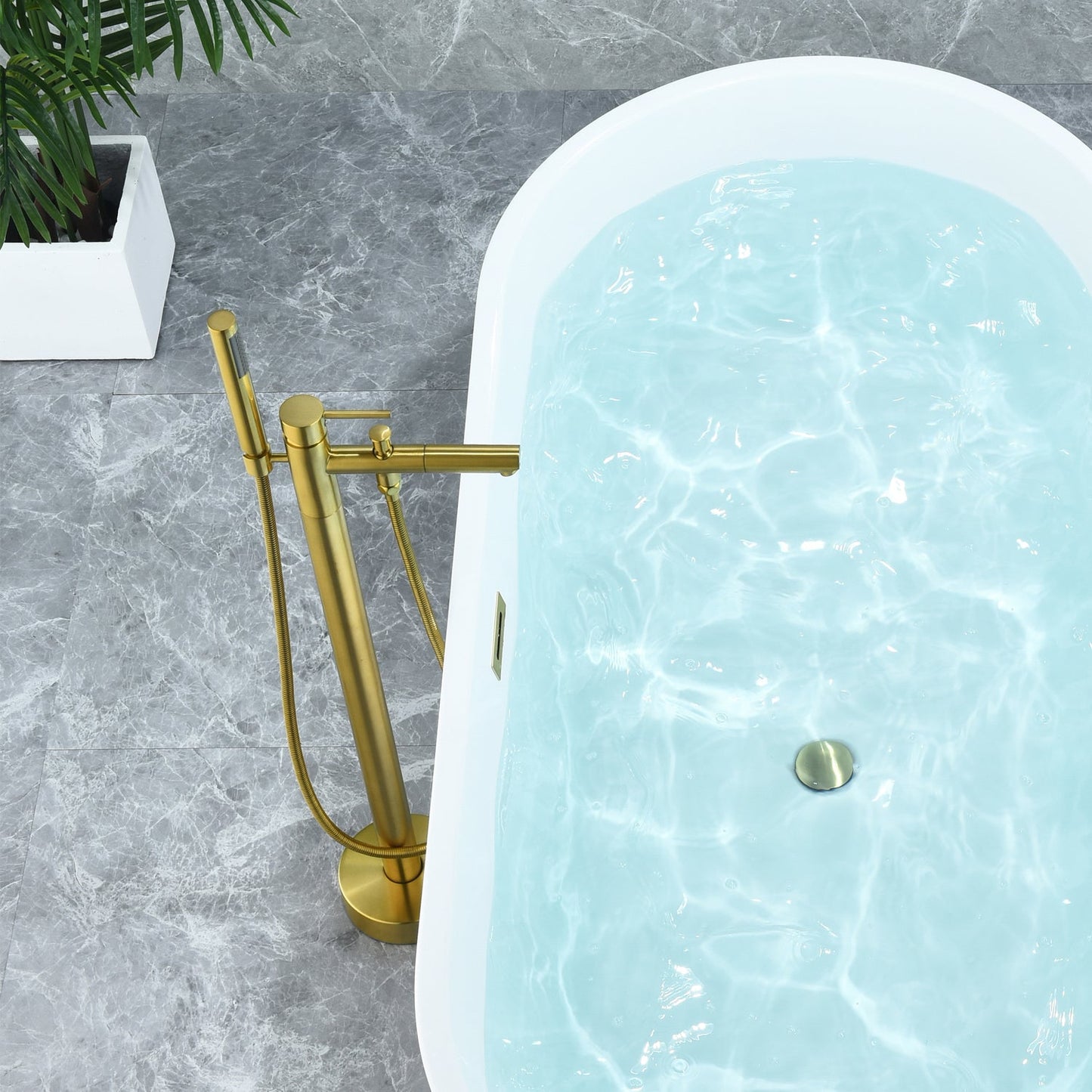 Larod Single Lever Handle Freestanding Floor Mounted Tub Filler with Handshower in Brushed Gold