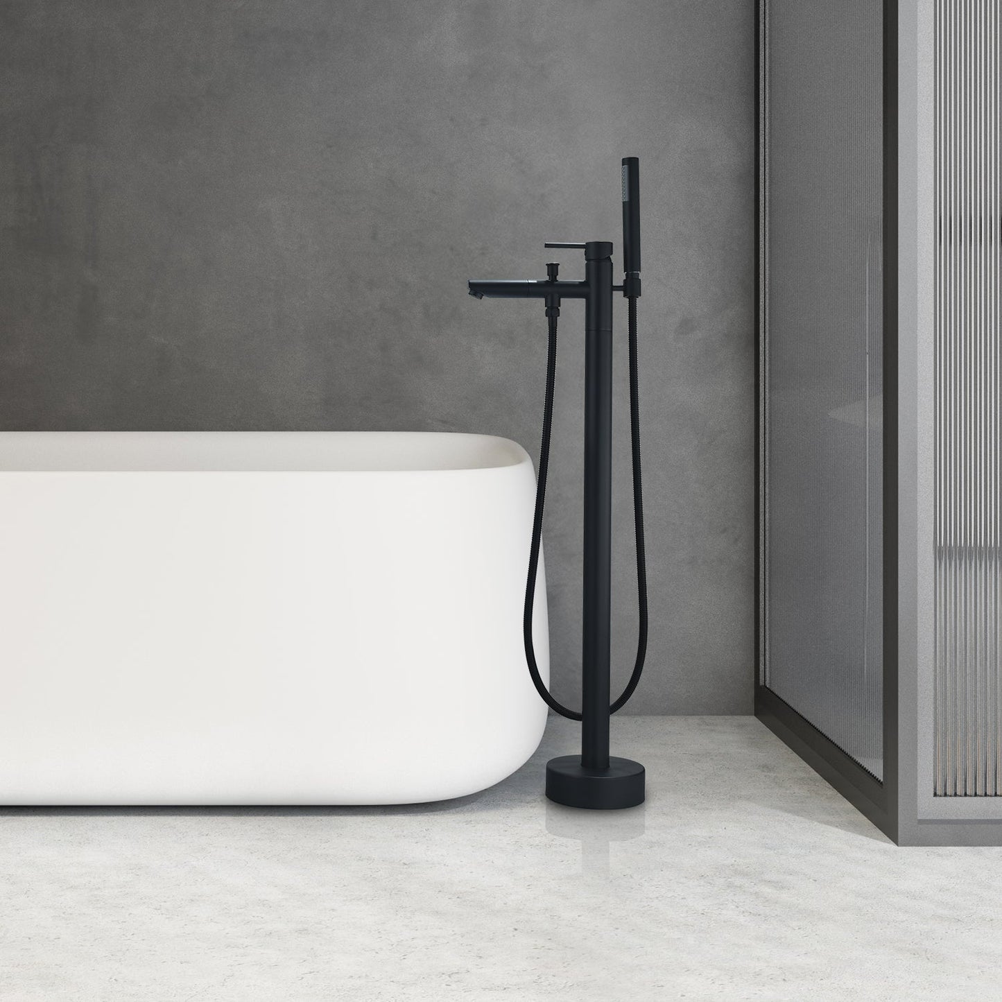 Larod Single Lever Handle Freestanding Floor Mounted Tub Filler with Handshower in Matte Black