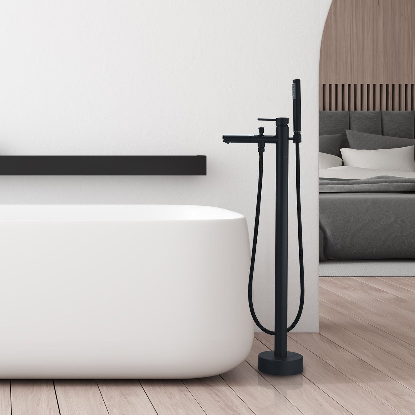 Larod Single Lever Handle Freestanding Floor Mounted Tub Filler with Handshower in Matte Black