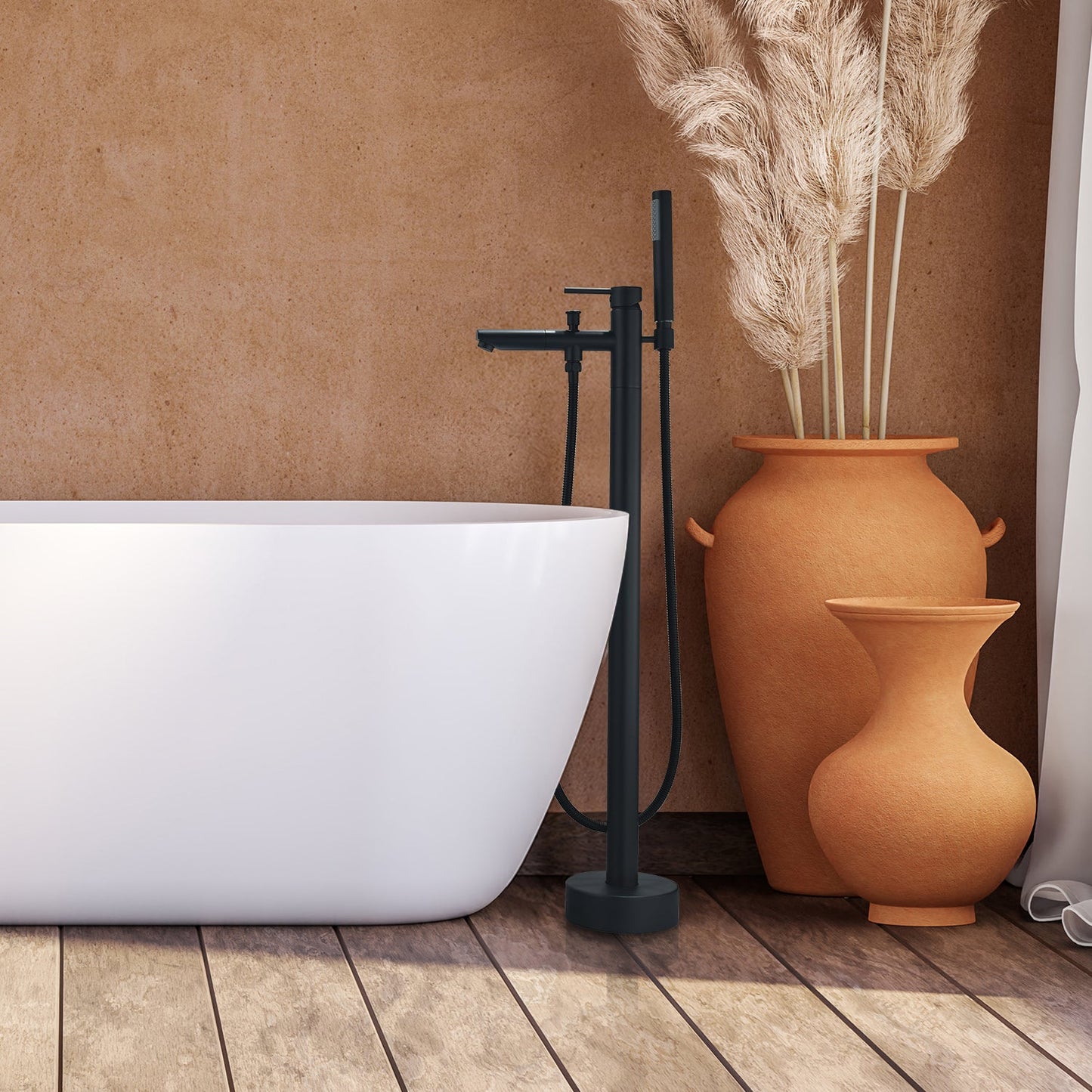 Larod Single Lever Handle Freestanding Floor Mounted Tub Filler with Handshower in Matte Black