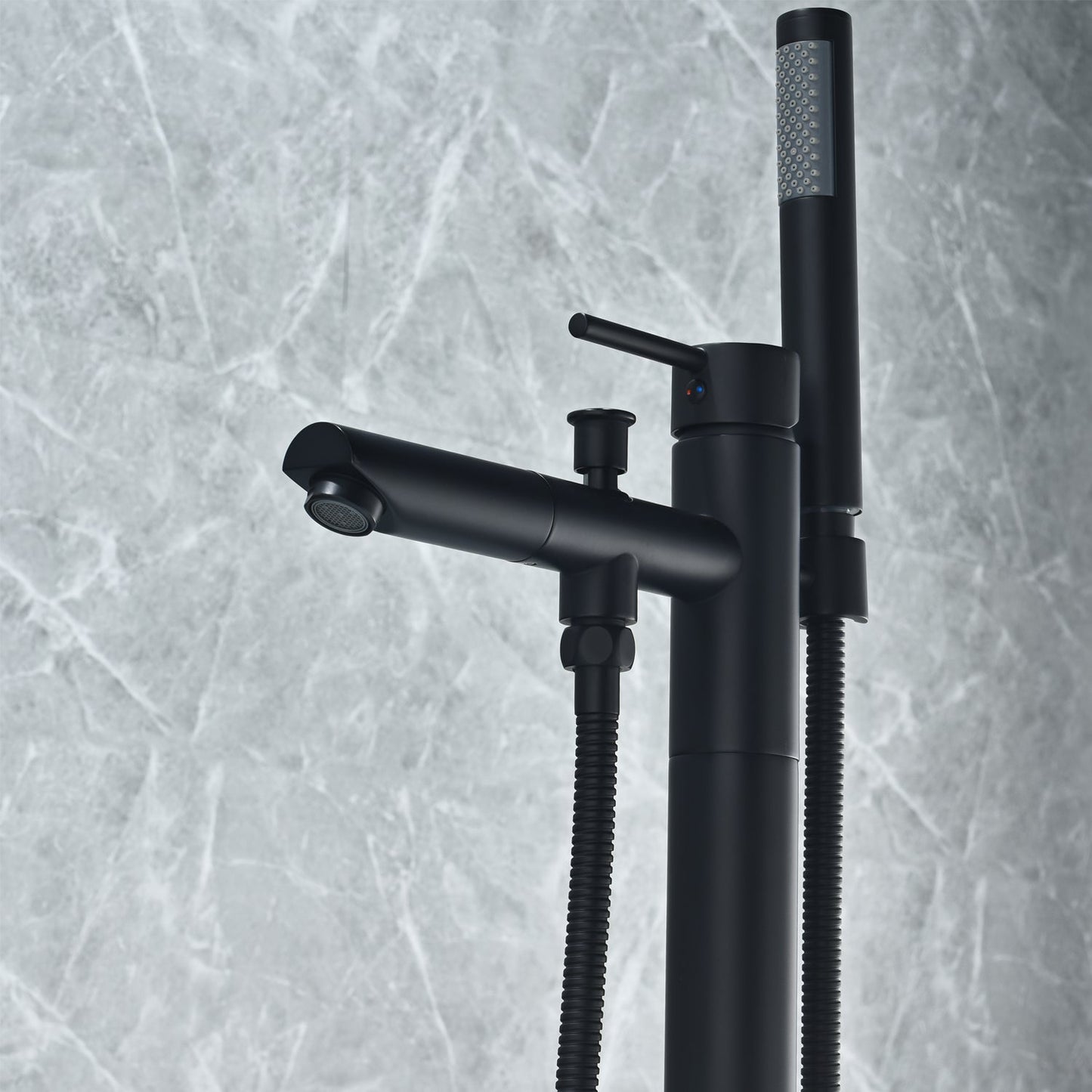 Larod Single Lever Handle Freestanding Floor Mounted Tub Filler with Handshower in Matte Black