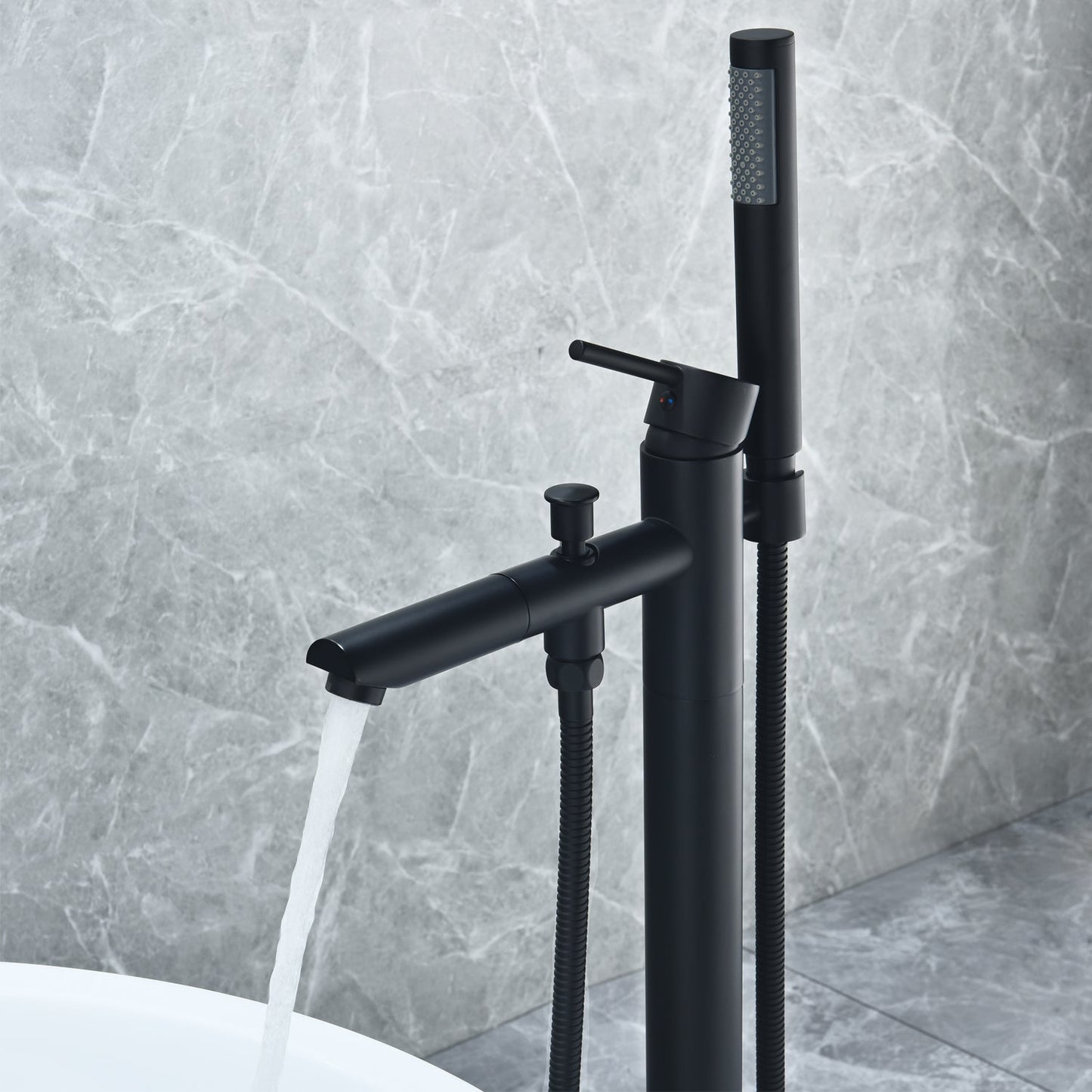 Larod Single Lever Handle Freestanding Floor Mounted Tub Filler with Handshower in Matte Black