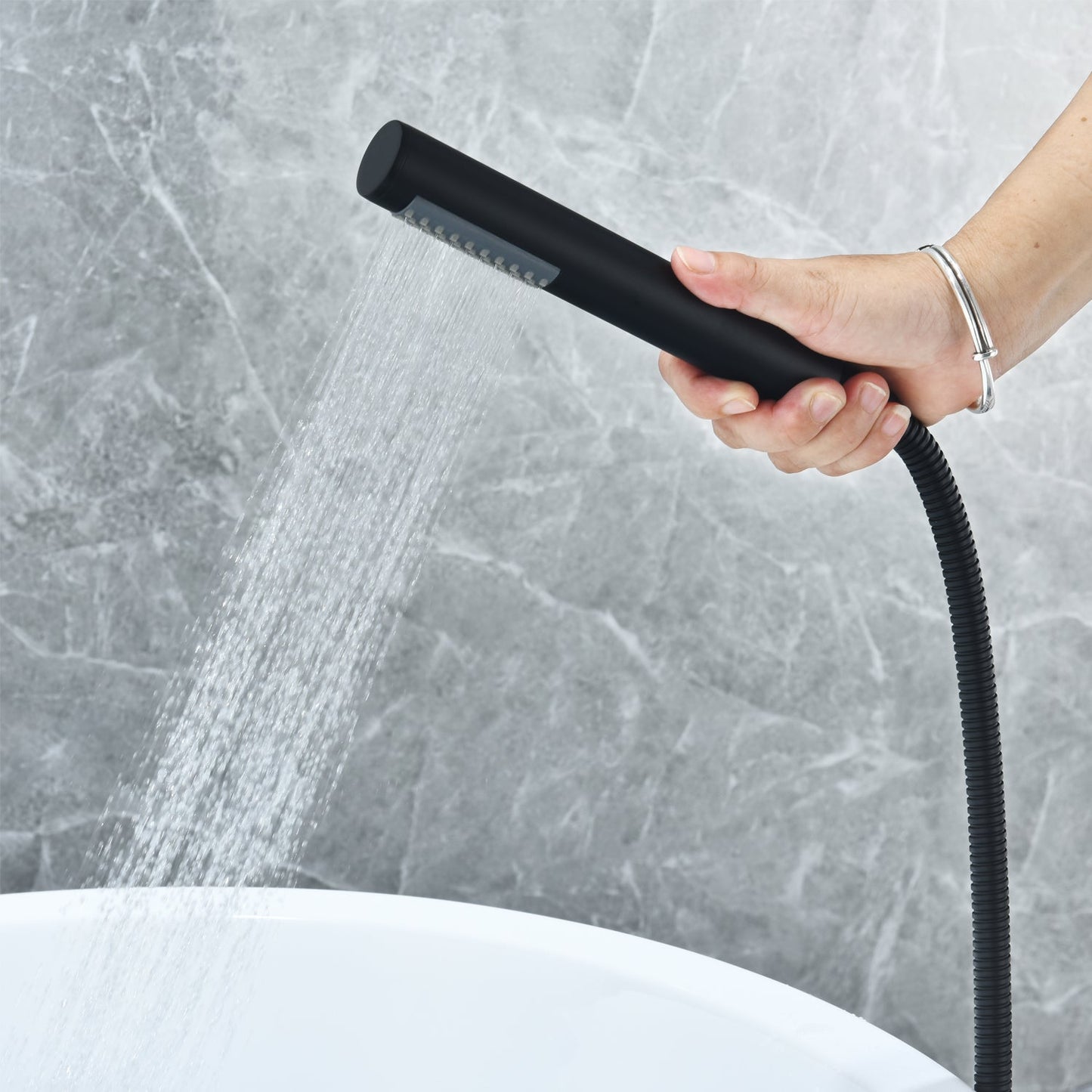 Larod Single Lever Handle Freestanding Floor Mounted Tub Filler with Handshower in Matte Black