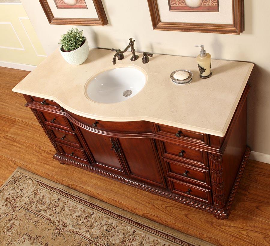 60" Single Sink Cabinet - Crema Marfil Top, Undermount White Ceramic Sink (3-hole)