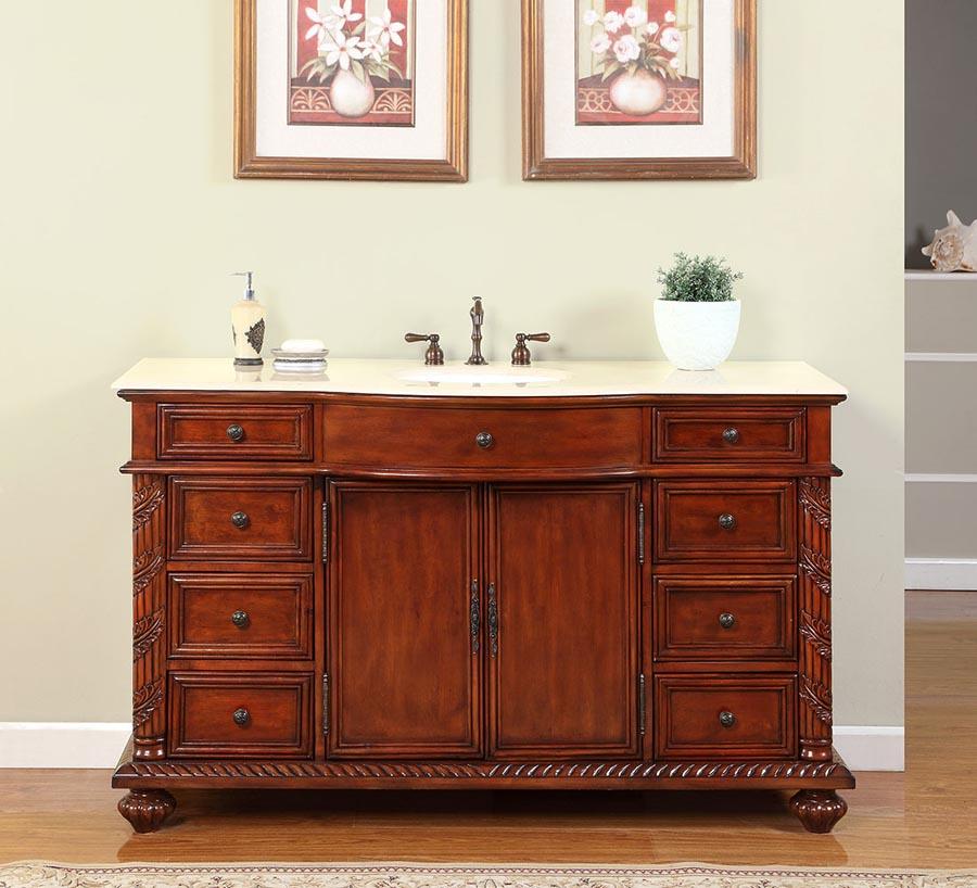 60" Single Sink Cabinet - Crema Marfil Top, Undermount White Ceramic Sink (3-hole)