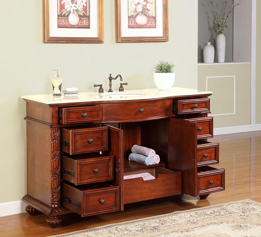 60" Single Sink Cabinet - Crema Marfil Top, Undermount White Ceramic Sink (3-hole)
